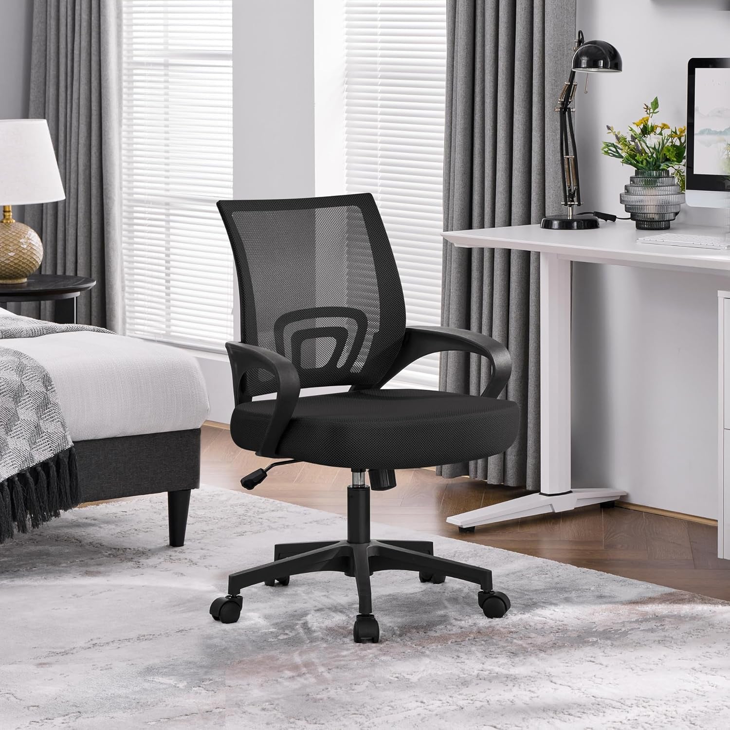 Yaheetech Mid Back Mesh Computer Office Desk Chair Adjustable Swivel, Black | Breathable Mesh Back and Foam Padded Seat for Comfortable Work at Home or Office; Steel Frame Holds 300 Lb, Easy Assembly.