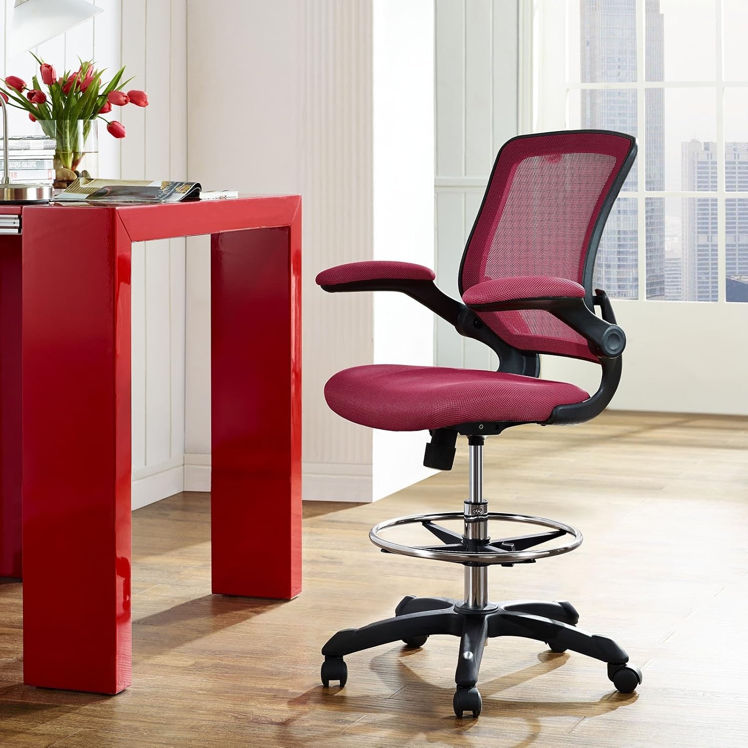Modway MO-EEI-1423-RED Reception Desk Flip-Up Arm Drafting Chair, Nylon in Red