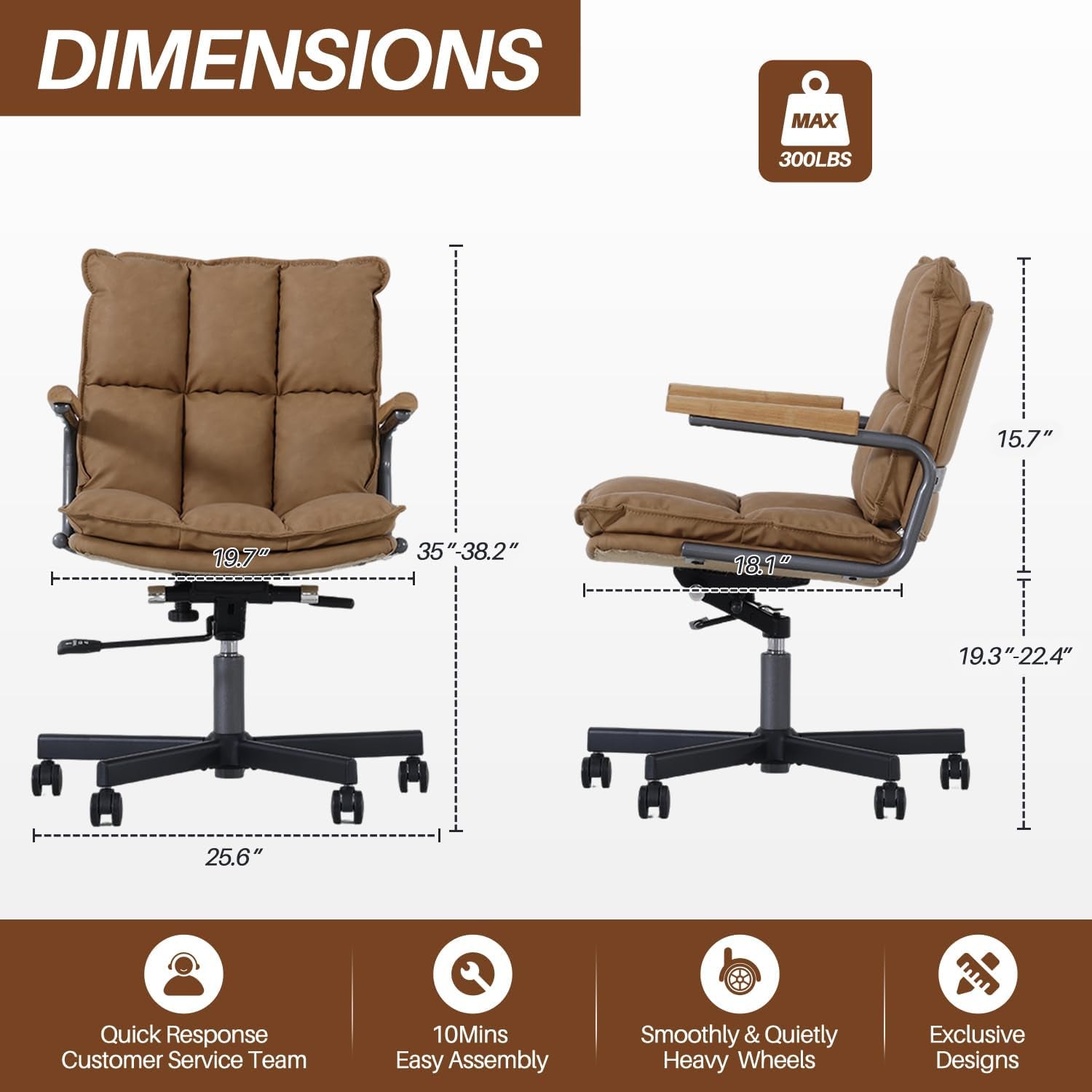 Home Office Desk Chair, Leather Ergonomic Computer Chair with Wheels, Adjustable Height Rolling Swivel Executive Chair, Camel Brown