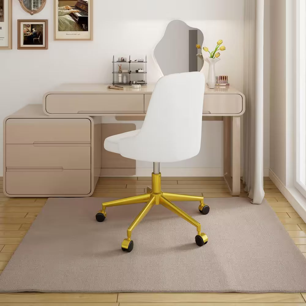 Height-Adjustable Velvet Office Chair with 360° Swivel, Gold Base, Rolling Desk Chair White for Living Room or Makeup