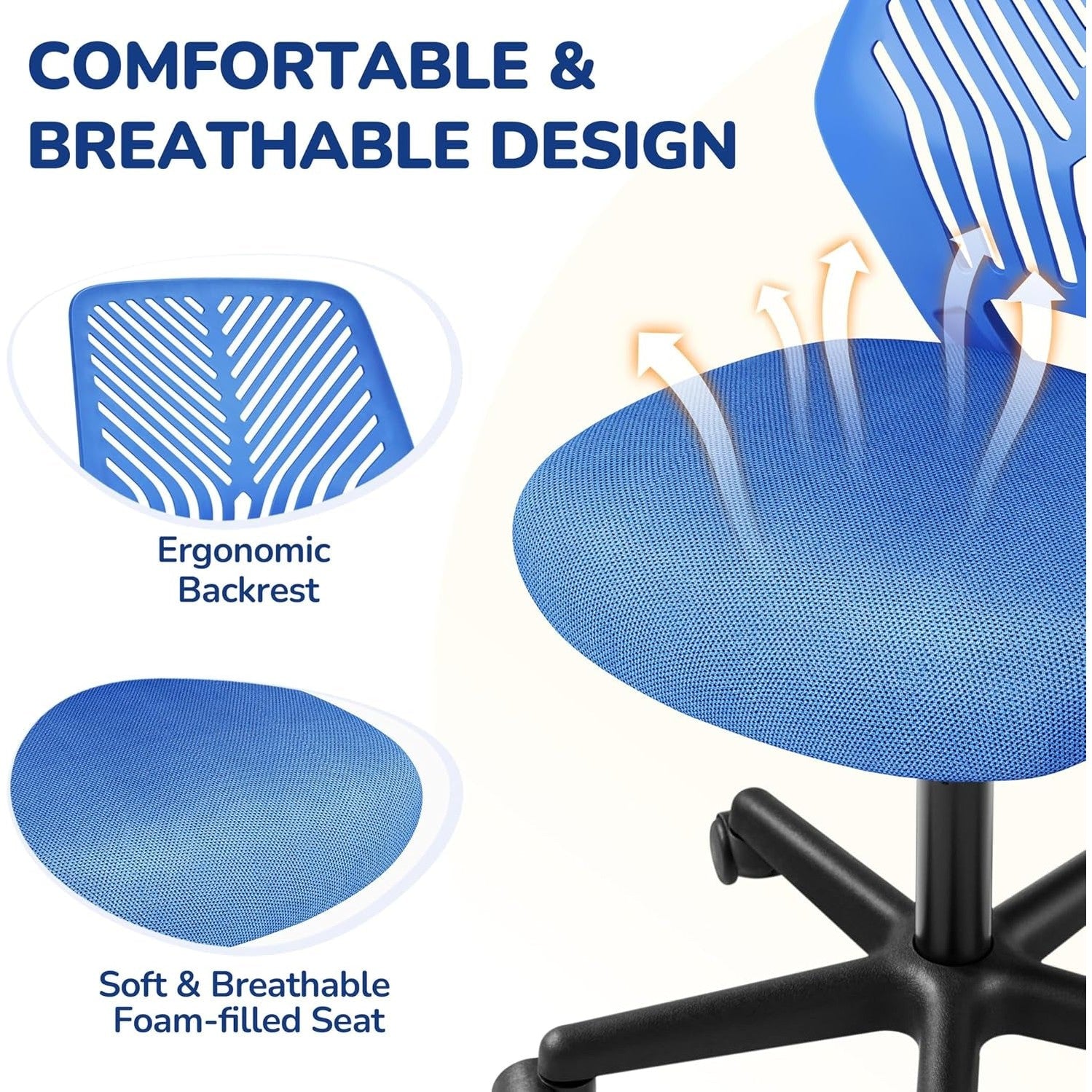 Yaheetech Small Desk Chair, Armless Adjustable Swivel Seat, Blue | Padded Mesh Seat and Ventilated Resin Back, Compact Armless Frame Rolls and Adjusts for Study and Small Desks, Holds 300 Lb.