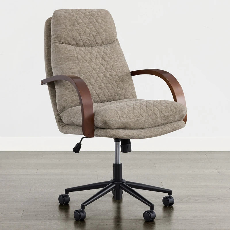 Upholstered Swivel Office Chair with Wood Arms