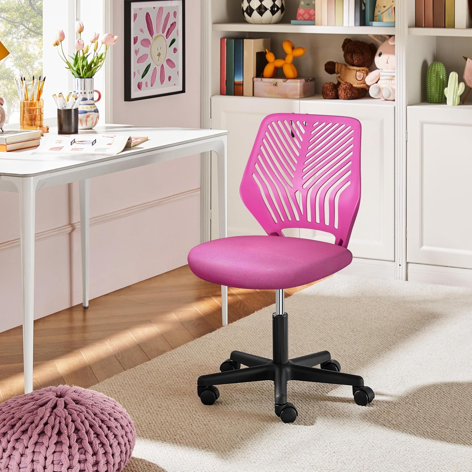 Yaheetech Small Desk Chair, Armless Adjustable Swivel Seat, Rose Red | Padded Mesh Seat and Ventilated Resin Back, Compact Armless Frame Rolls and Adjusts for Study and Small Desks, Holds 300 Lb.