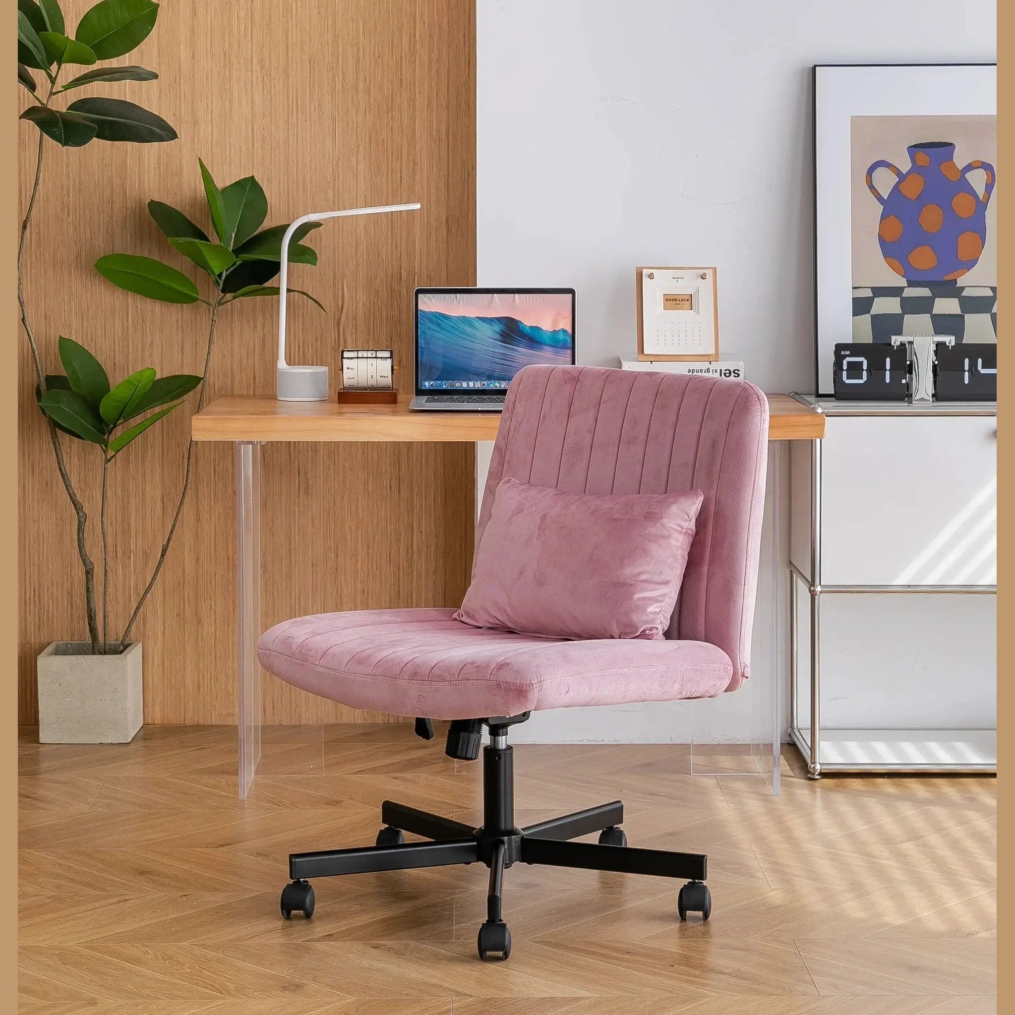 Light Pink Velvet Criss Cross Armless Office Chair With Wheels Makeup by Platinum-Level Office Chairs