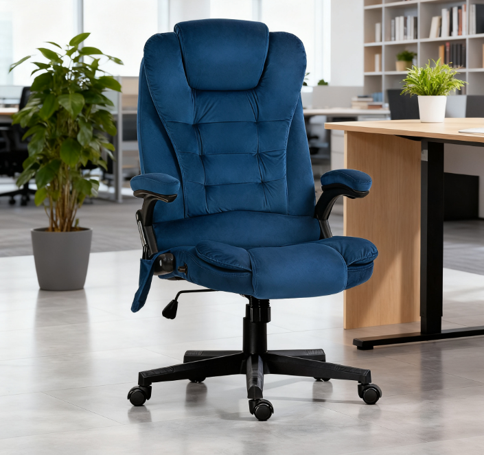 Dark Blue Velvet High Back Massage Office Chair