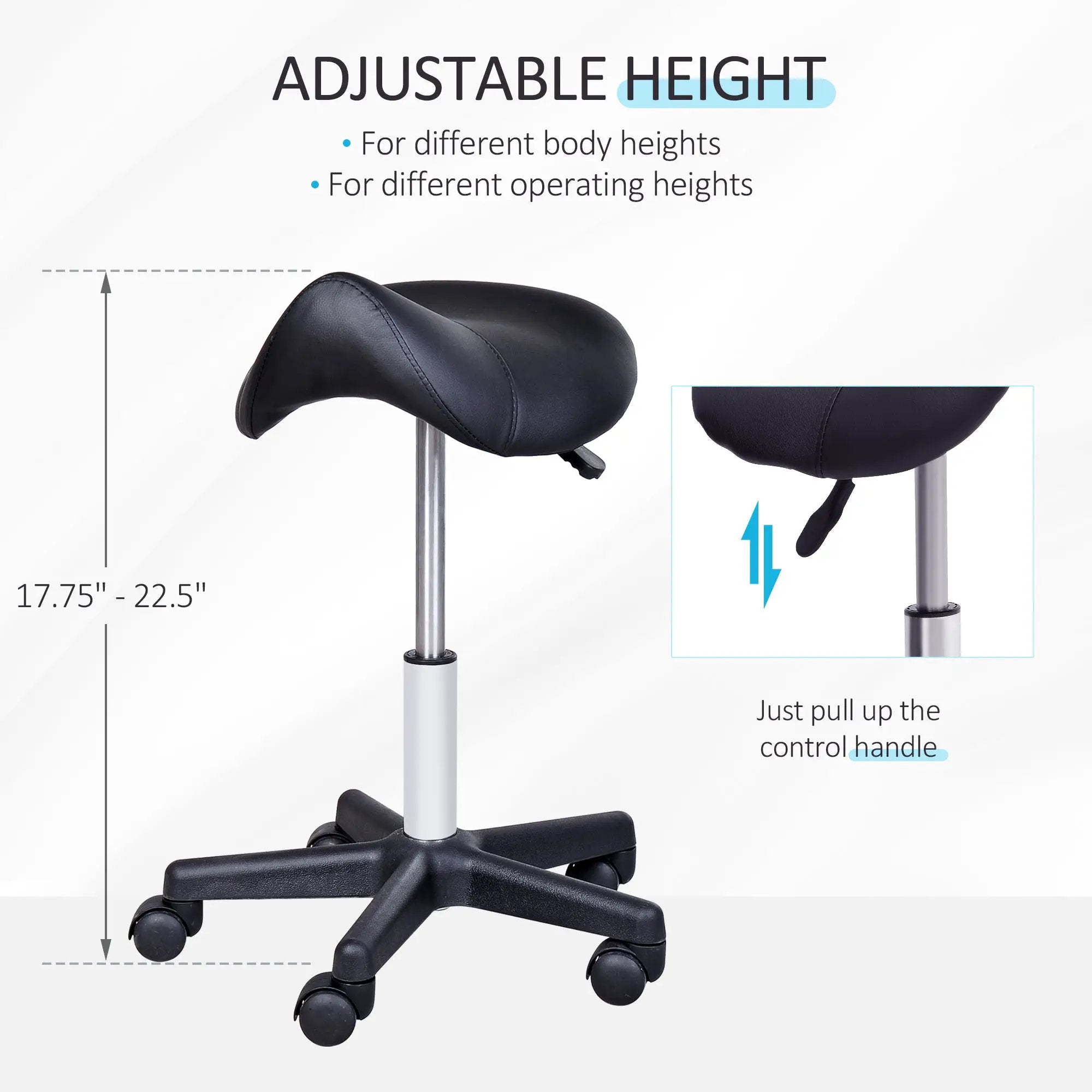 Rolling Saddle Stool, Swivel Salon Chair, Ergonomic Faux Leather Stool, Adjustable Height with Wheels for Spa, Salon, Massage, Office, Black by Platinum-Level Office Chairs