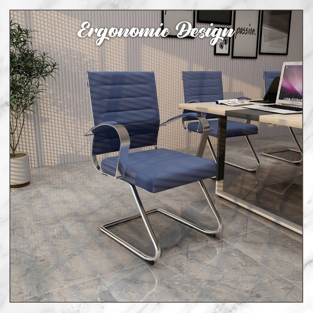 24 PCS Benmar Leather Upholstered Computer Office Chair with Sled Base, Padded Armrests for Home or Office - Navy Blue