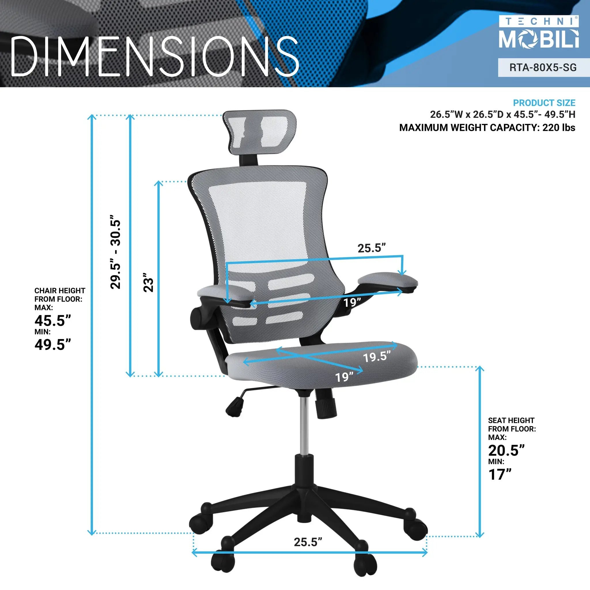 Techni Mobili modern high-back mesh executive office chair with headrest and flip-up arms in silver grey