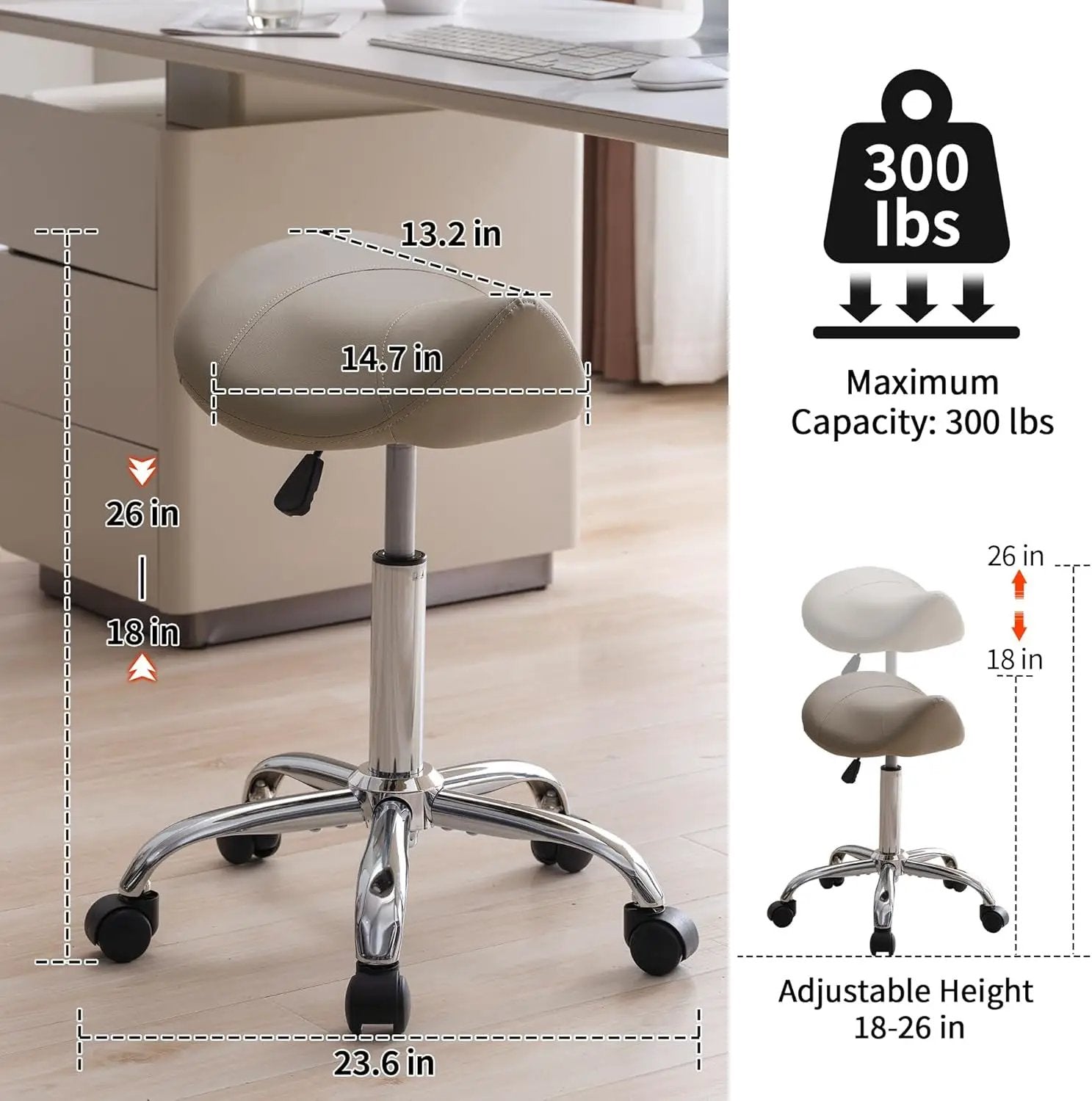 FIRAVOE saddle stool with wheels in light grey faux leather; adjustable height 18–26 in, chrome base, 300 lb max.