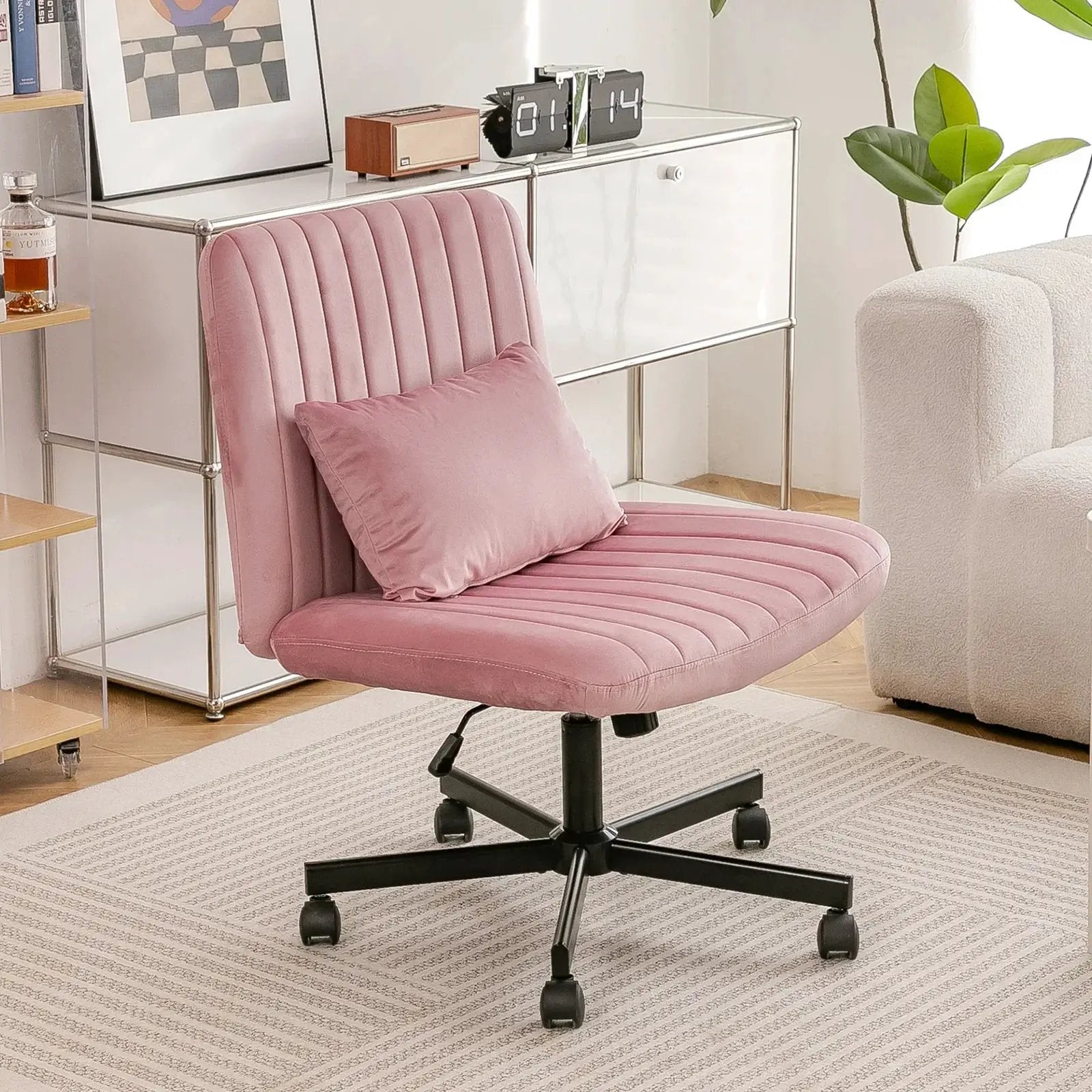 Light Pink Velvet Criss Cross Armless Office Chair With Wheels Makeup by Platinum-Level Office Chairs