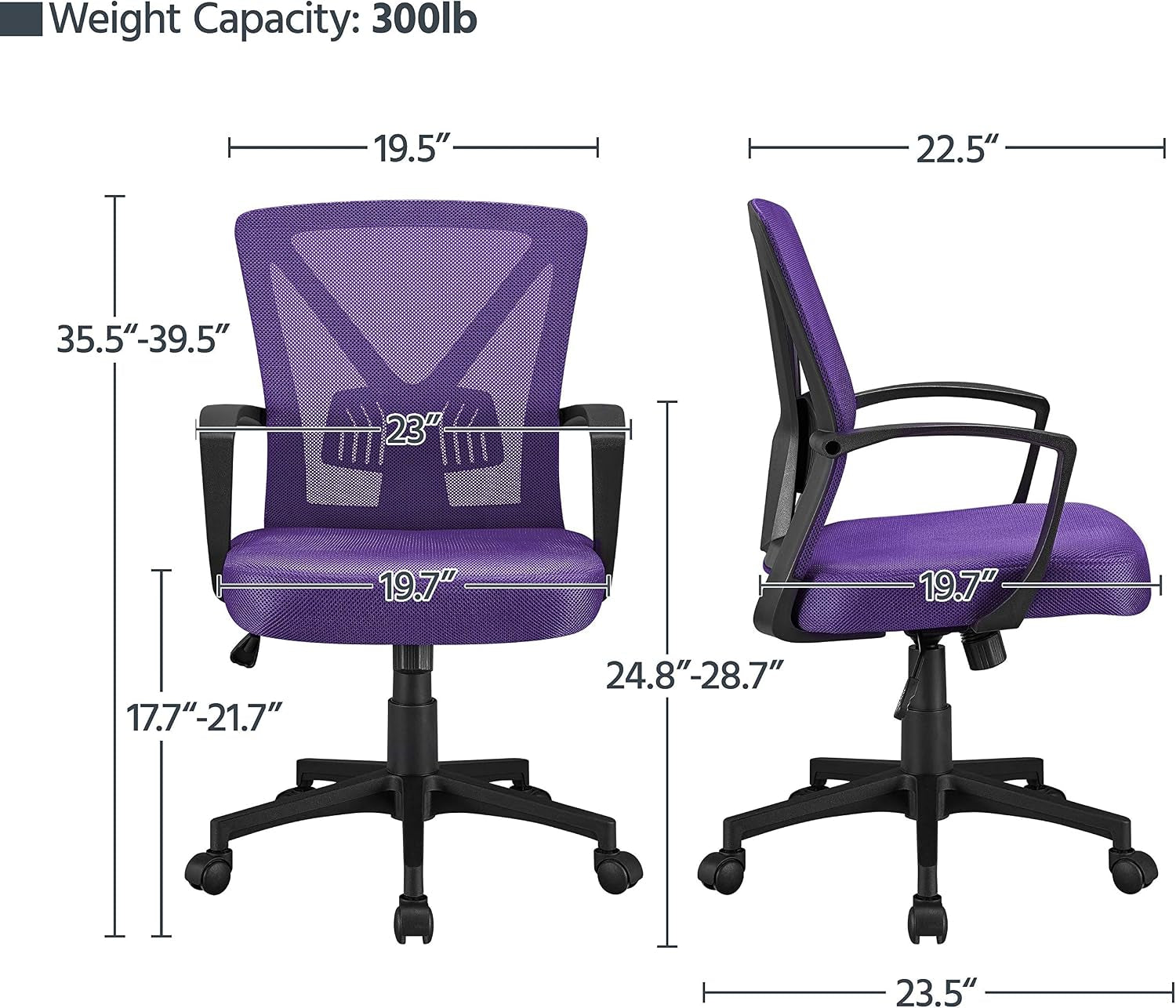Yaheetech Mid-Back Mesh Task Office Desk Chair with Wheels and Arms, Purple | Breathable Mesh Back and Foam-Padded Seat for All-Day Comfort; Sturdy Metal Frame, Height Adjustable, and Easy to Assemble