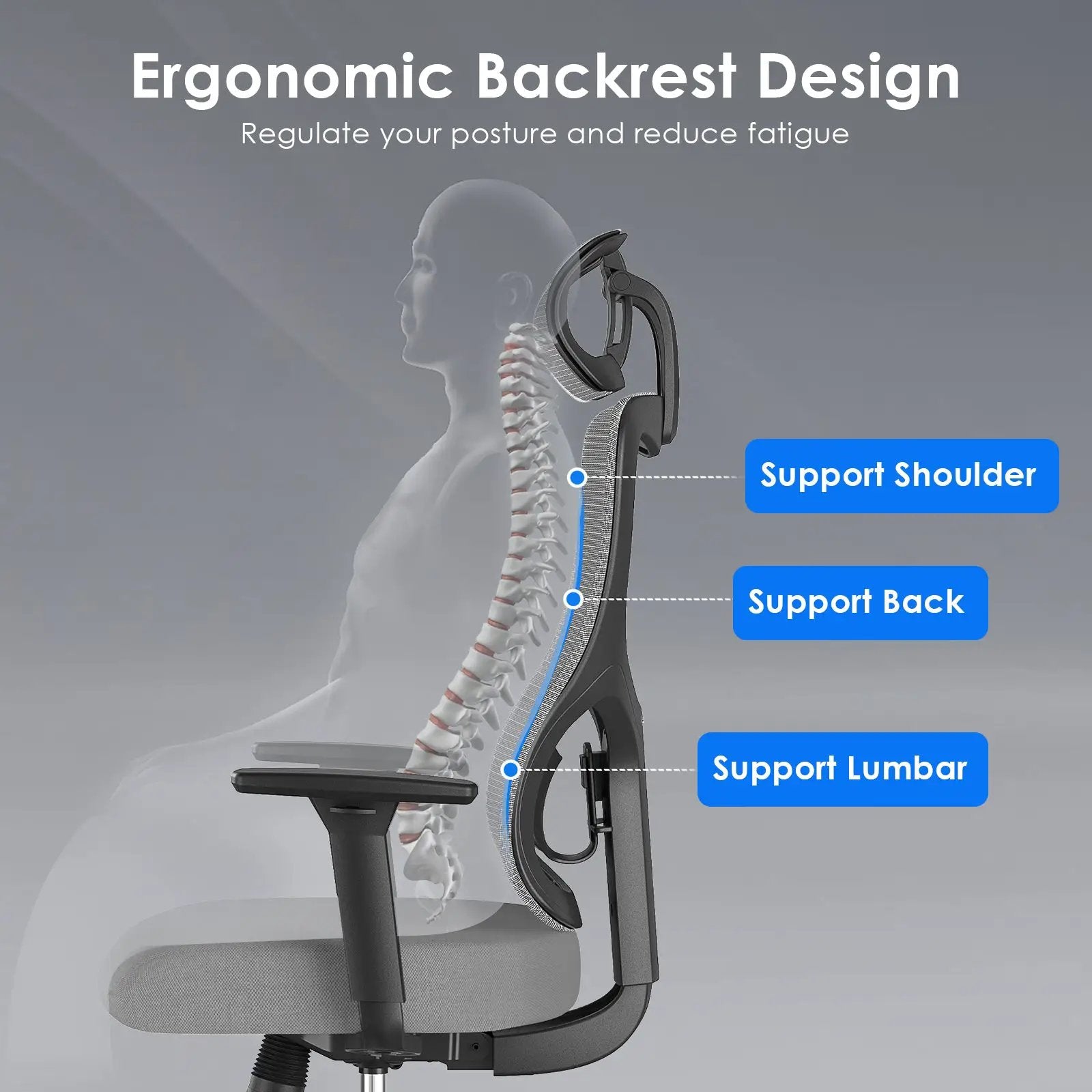 Black and grey ergonomic office chair with mesh back, adjustable lumbar support, headrest, 3D armrests, and swivel base.