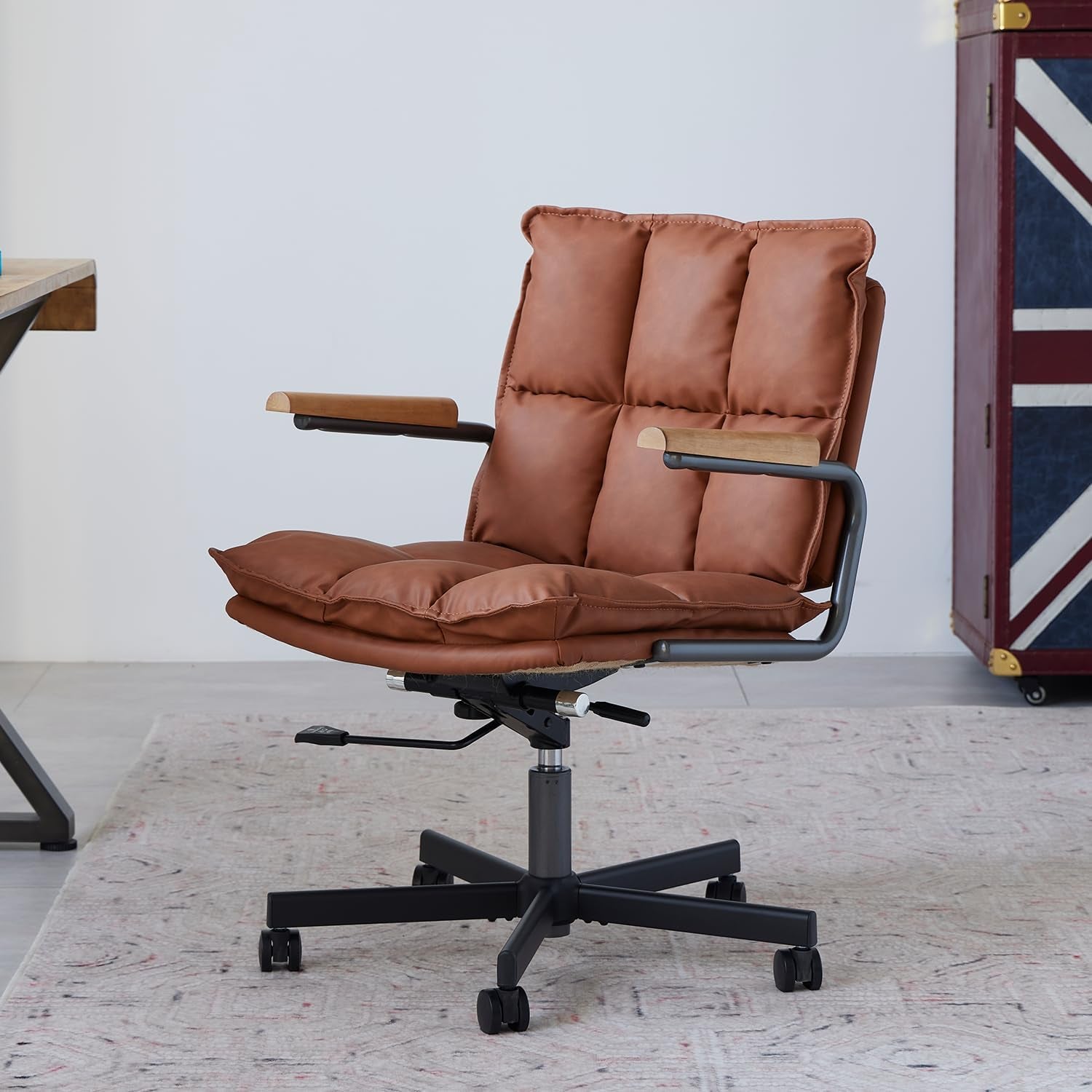 Home Office Desk Chair, Leather Ergonomic Computer Chair with Wheels, Adjustable Height Rolling Swivel Executive Chair, Camel Brown