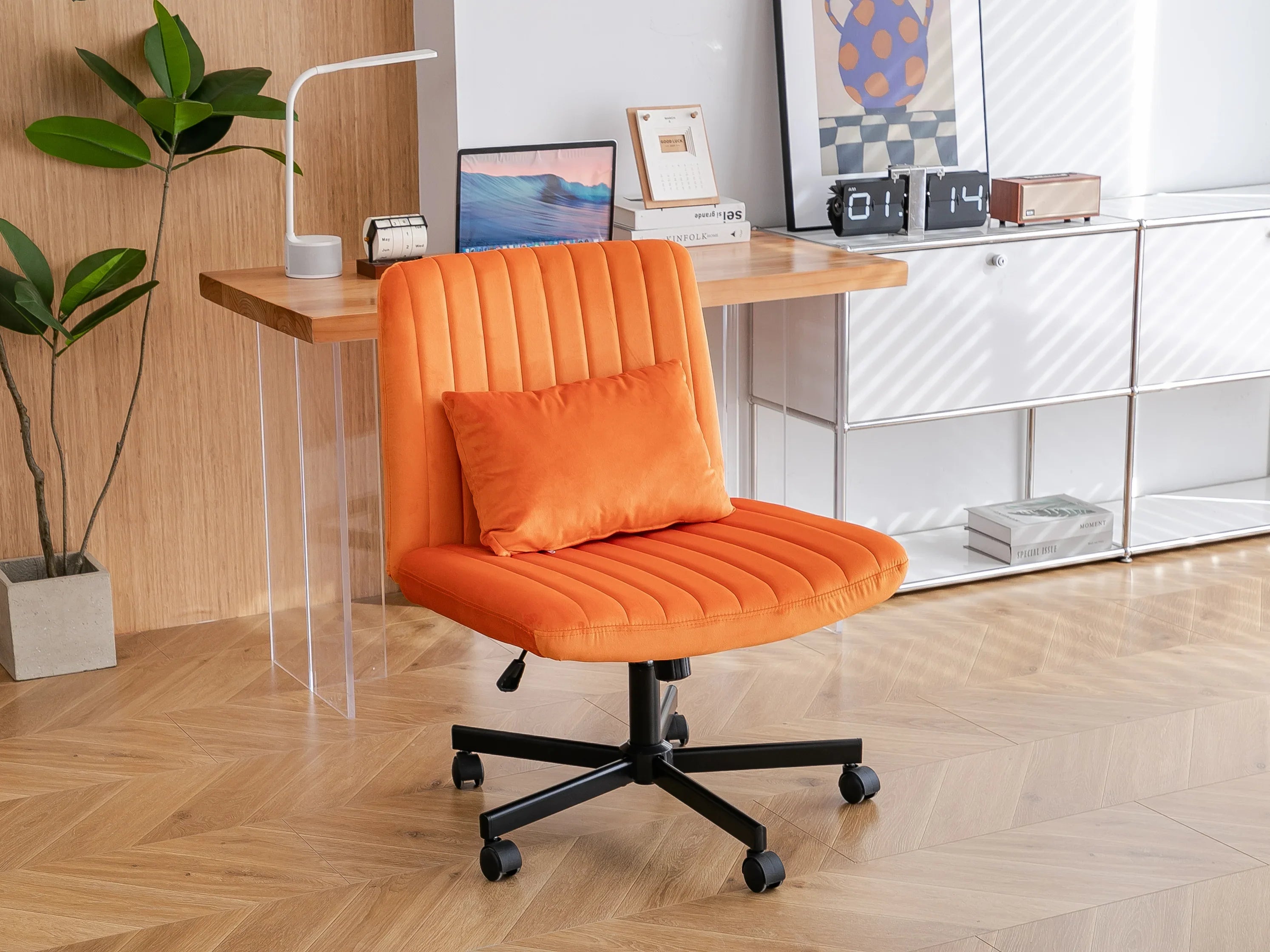 Orange Velvet Criss Cross Armless Office Chair With Wheels