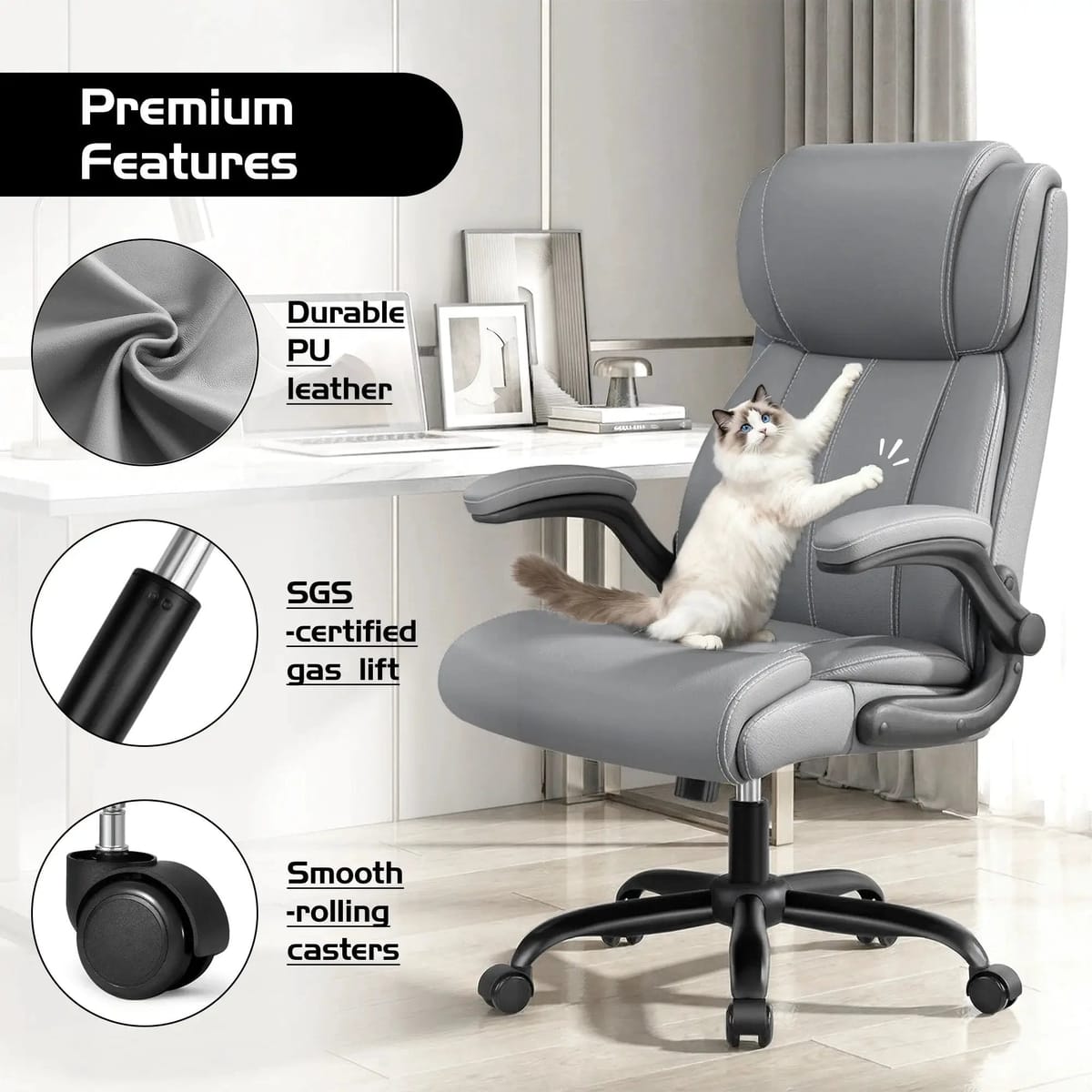Coolhut big and tall office chair with adjustable lumbar support, padded flip-up arms, high back, and light gray fabric.