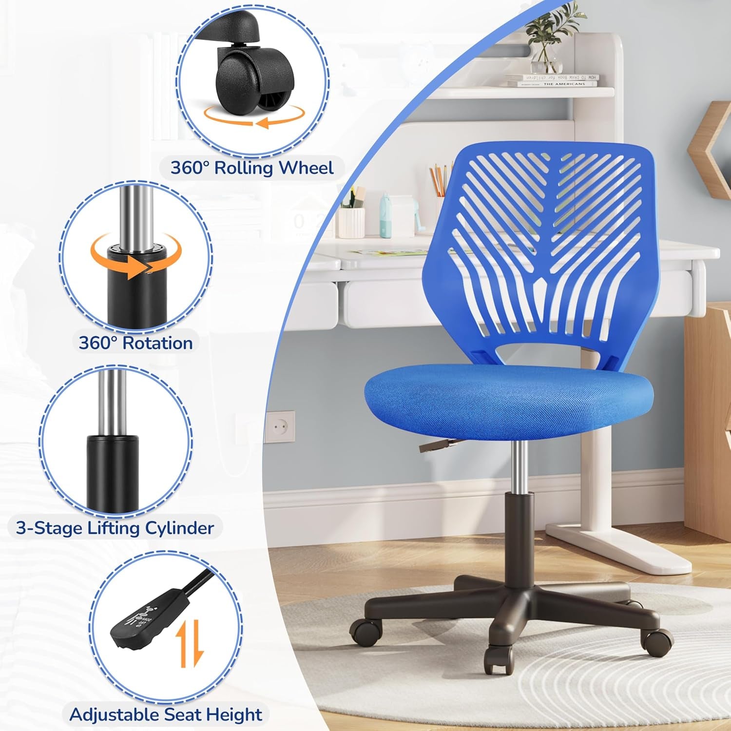 Yaheetech Small Desk Chair, Armless Adjustable Swivel Seat, Blue | Padded Mesh Seat and Ventilated Resin Back, Compact Armless Frame Rolls and Adjusts for Study and Small Desks, Holds 300 Lb.