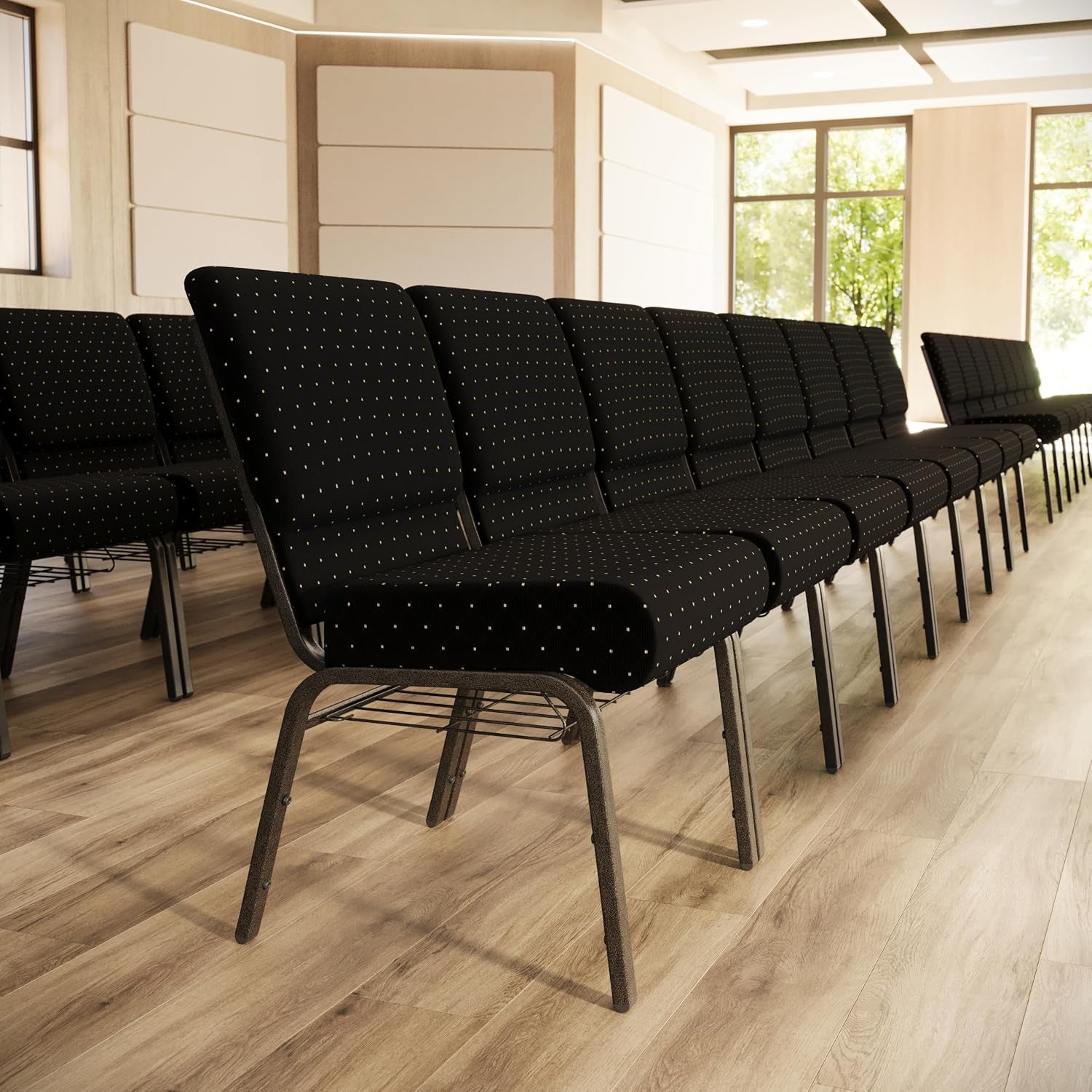 Flash Furniture HERCULES Series 21''W Church Chair in Black Dot Patterned Fabric with Cup Book Rack - Gold Vein Frame