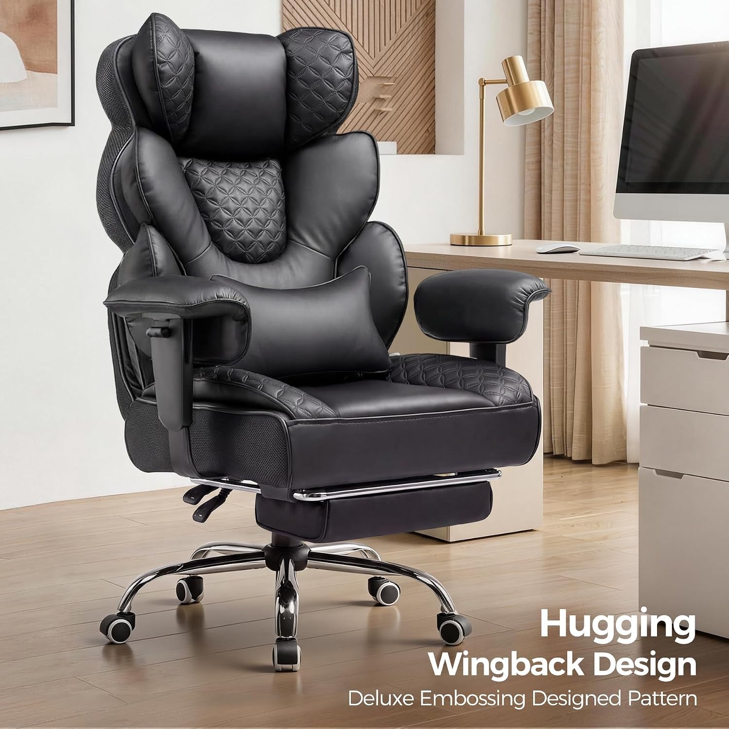 COMHOMA Big and Tall Office Chair with Upgrade Footrest, Heavy Duty Gaming Chair High Back Executive Chair with Spring Lumbar Support for Lower Back Pain Relief, 150°Reclining Adjustable Armrests