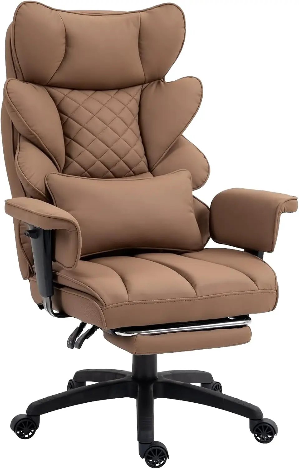 Dowinx big and tall office chair with brown PU leather, high back, adjustable armrests, lumbar support, footrest, and pocket spring cushion