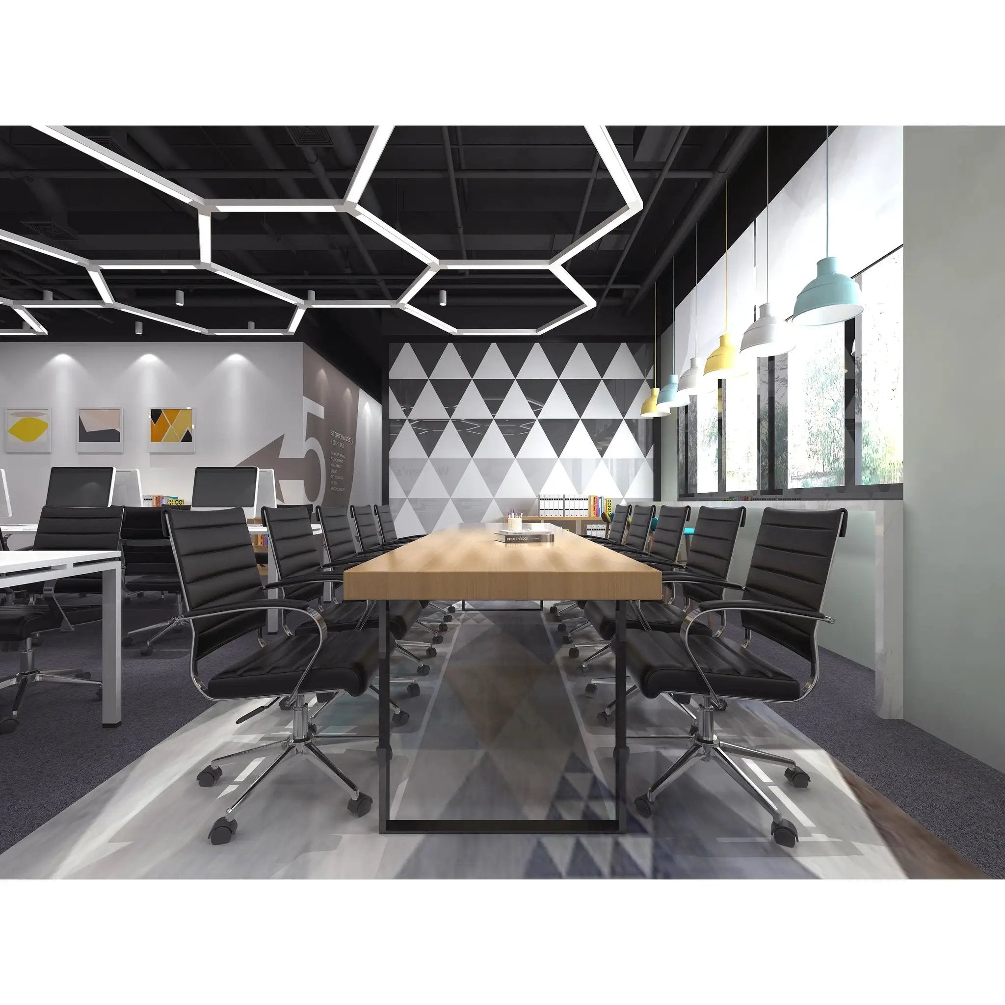 Black Office Chairs Mid Back Ribbed PU Leather Executive Task Work Conference with Arms Wheels Tilt Swivel Rolling