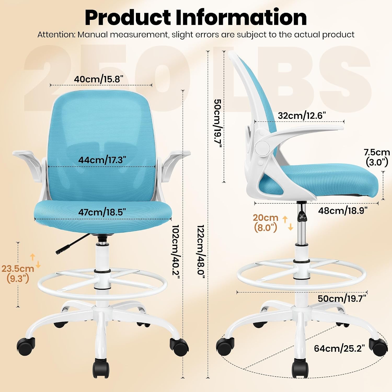 Primy Drafting Chair Tall Office Chair with Flip-Up Armrests Executive Ergonomic Computer Standing Desk Chair with Lumbar Support and Adjustable Footrest Ring（Blue）