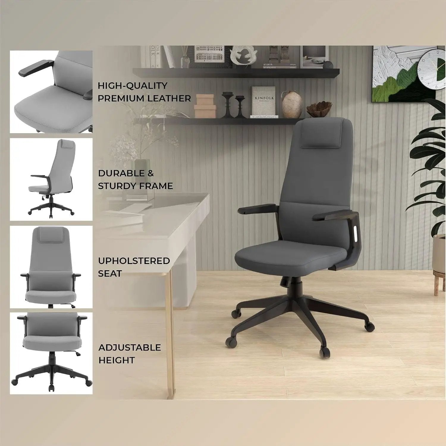 Leisuremod Ergonomic High-Back Leather Office Chair - Grey Swivel Desk Chair with Adjustable Height, Tilt, Padded Headrest & Double Wheel Casters, Comfortable for Home or Office