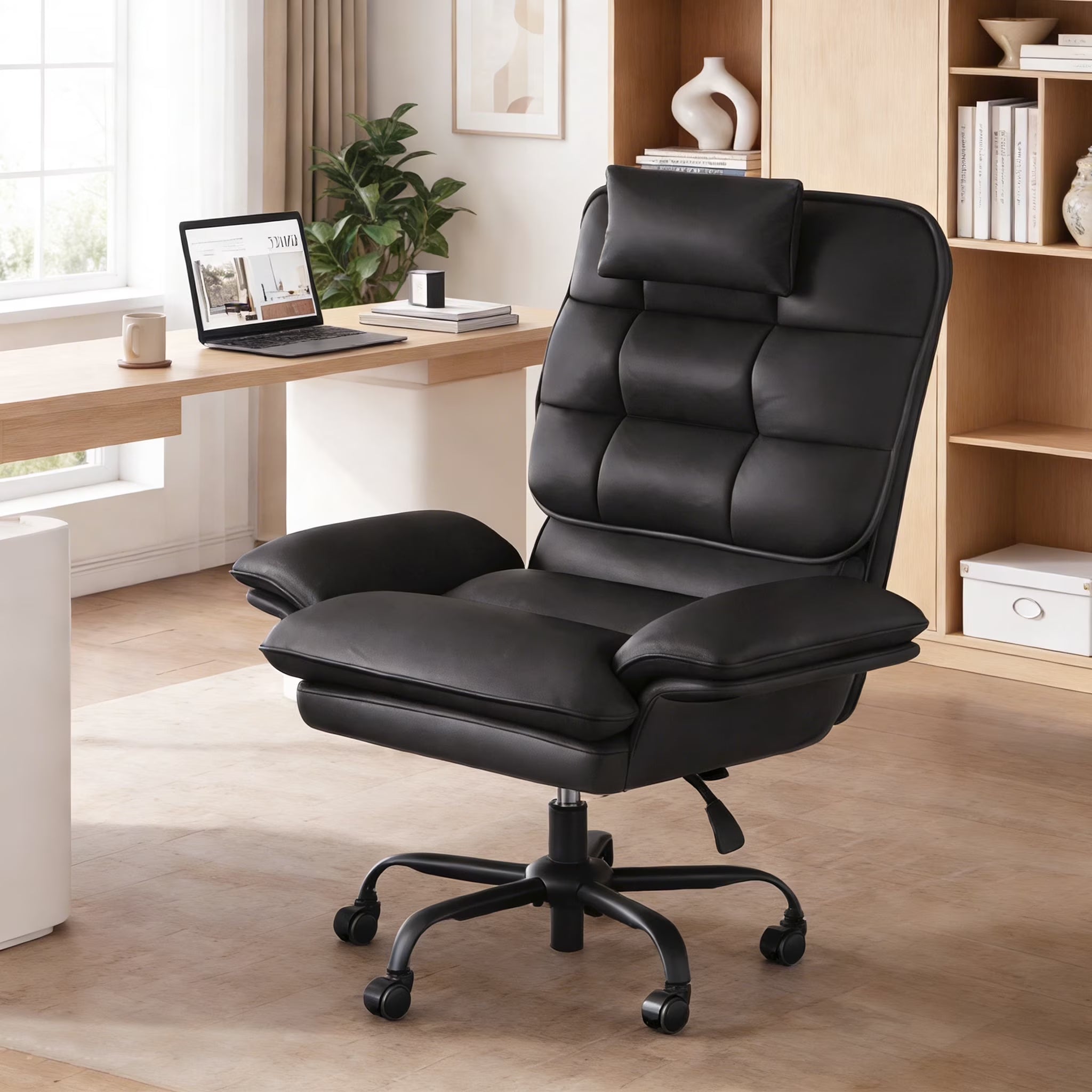 Bestier Big and Tall Ergonomic Office Chair with Flip-Up Arms, PU Leather High Back Executive Swivel Desk Chair with Side Pockets & Headrest , Height Adjustable Computer Chair for Home, Beige