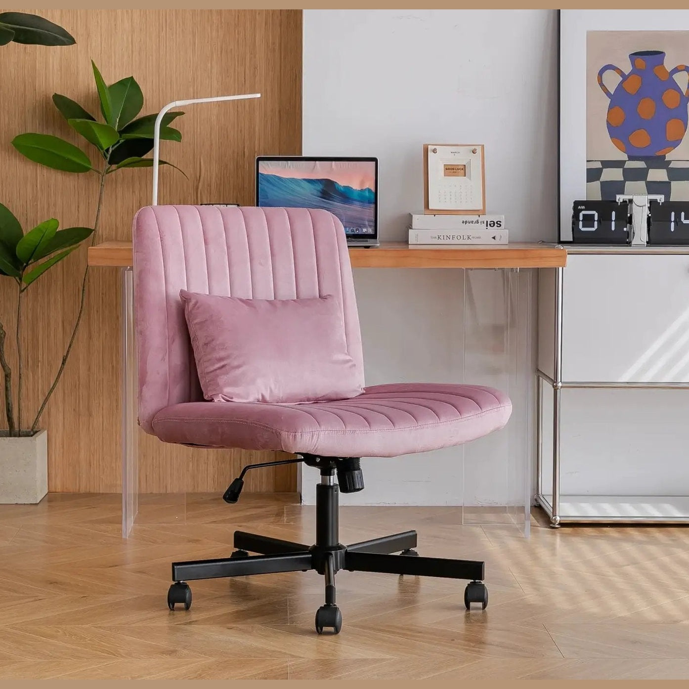 Light Pink Velvet Criss Cross Armless Office Chair With Wheels Makeup by Platinum-Level Office Chairs