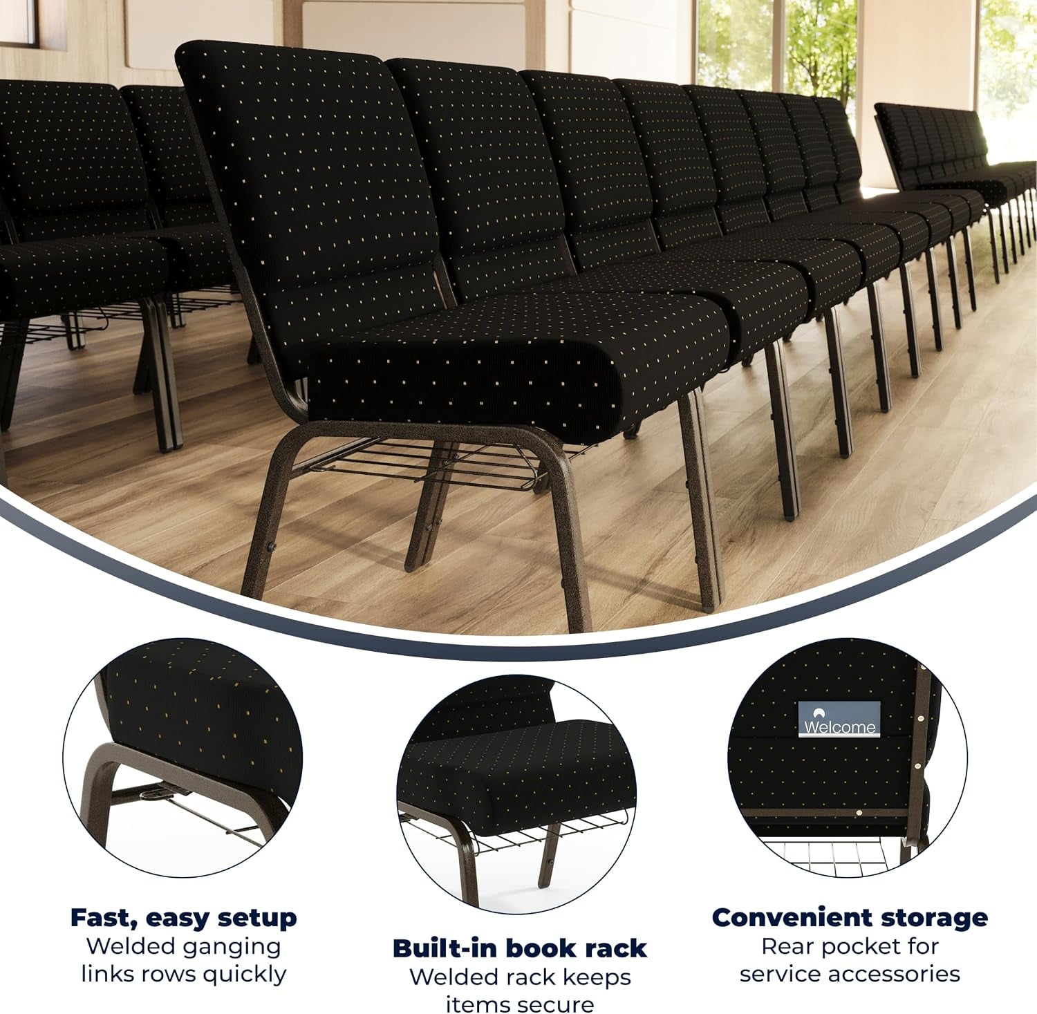Flash Furniture HERCULES Series 21''W Church Chair in Black Dot Patterned Fabric with Cup Book Rack - Gold Vein Frame
