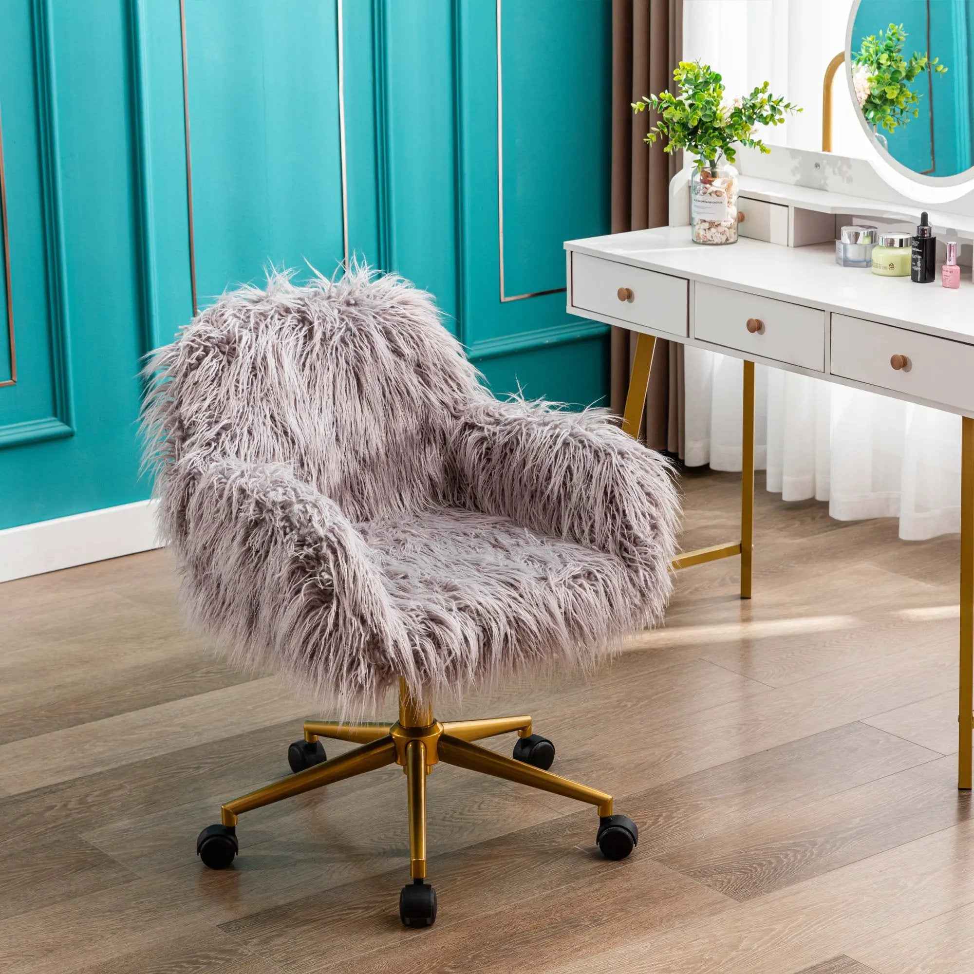 Fluffy Faux Fur Vanity Chair - Gold Base, Adjustable Height