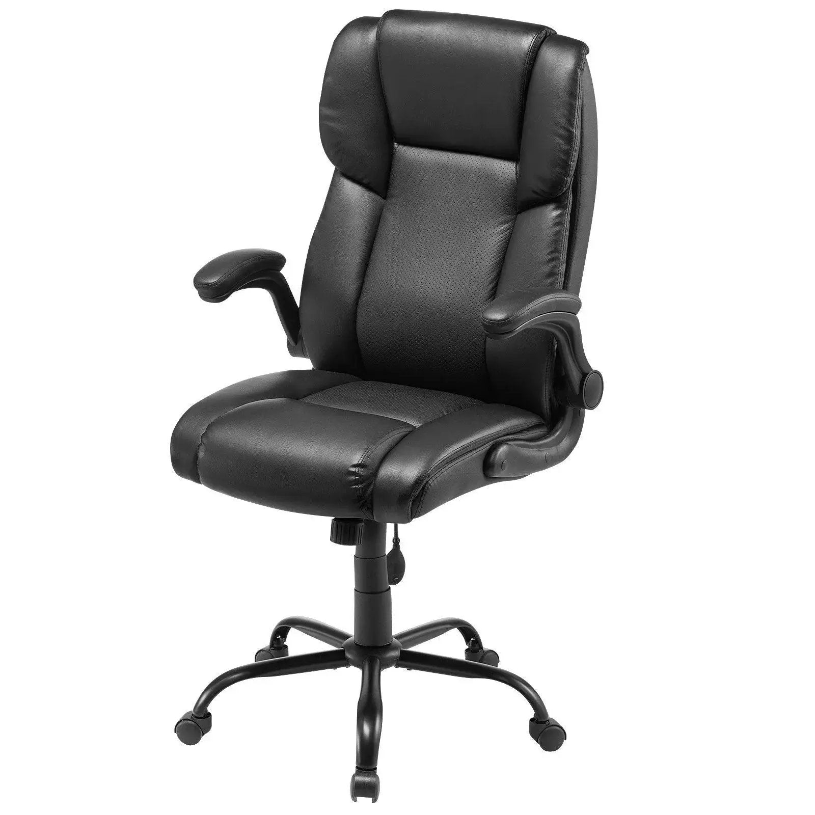Doba executive office chair with adjustable lumbar support, flip-up armrests, cushioned seat, and sturdy black frame.