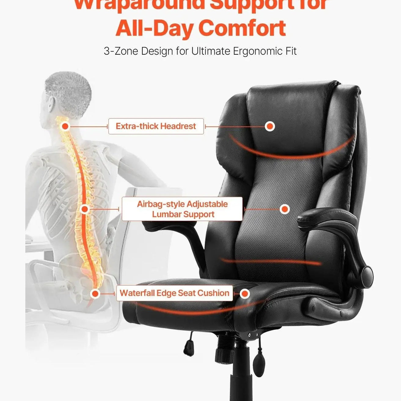 Doba executive office chair with adjustable lumbar support and flip-up armrests, designed for comfort and support.