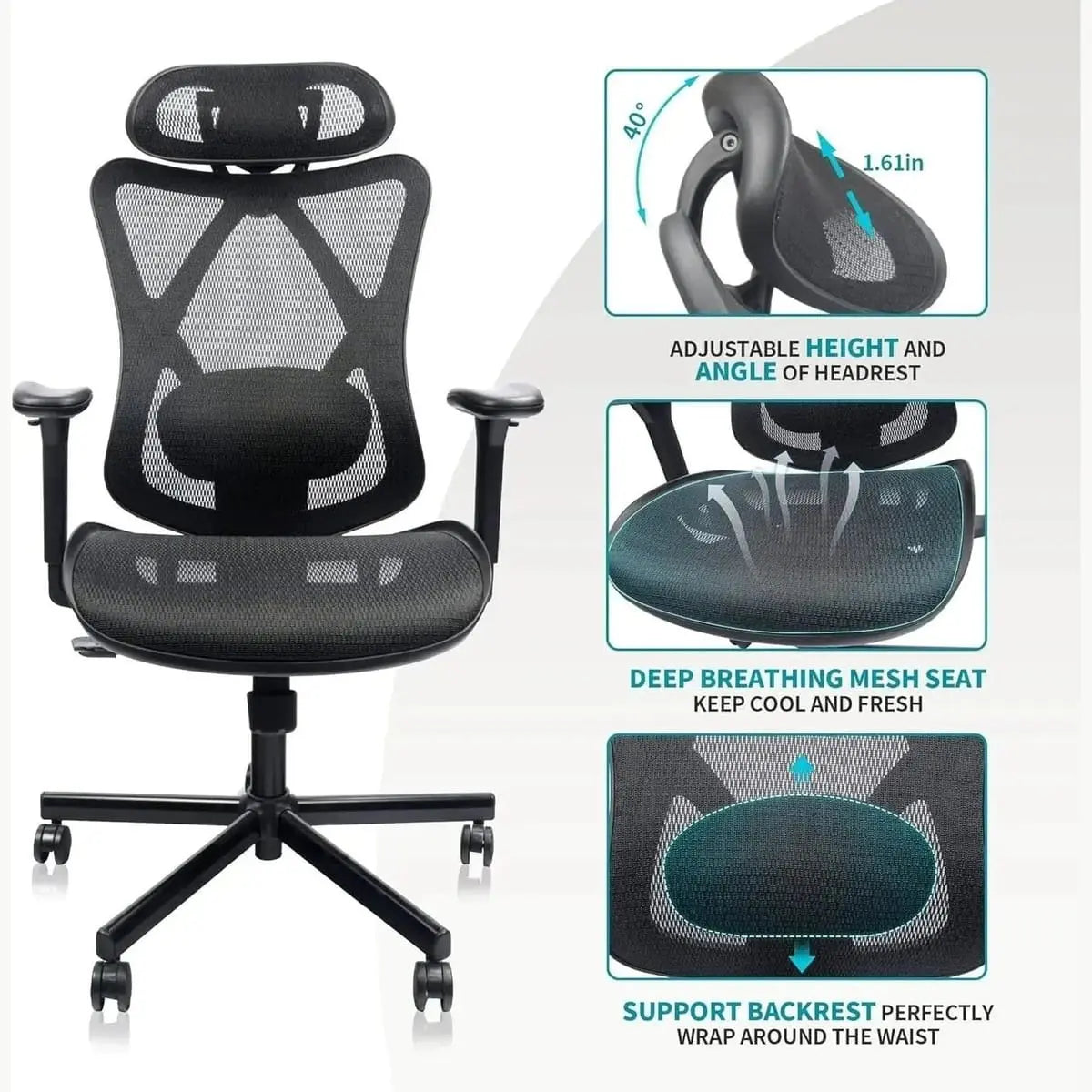 Doba ergonomic mesh office chair with adjustable lumbar support and headrest, featuring a modern design for comfortable seating.