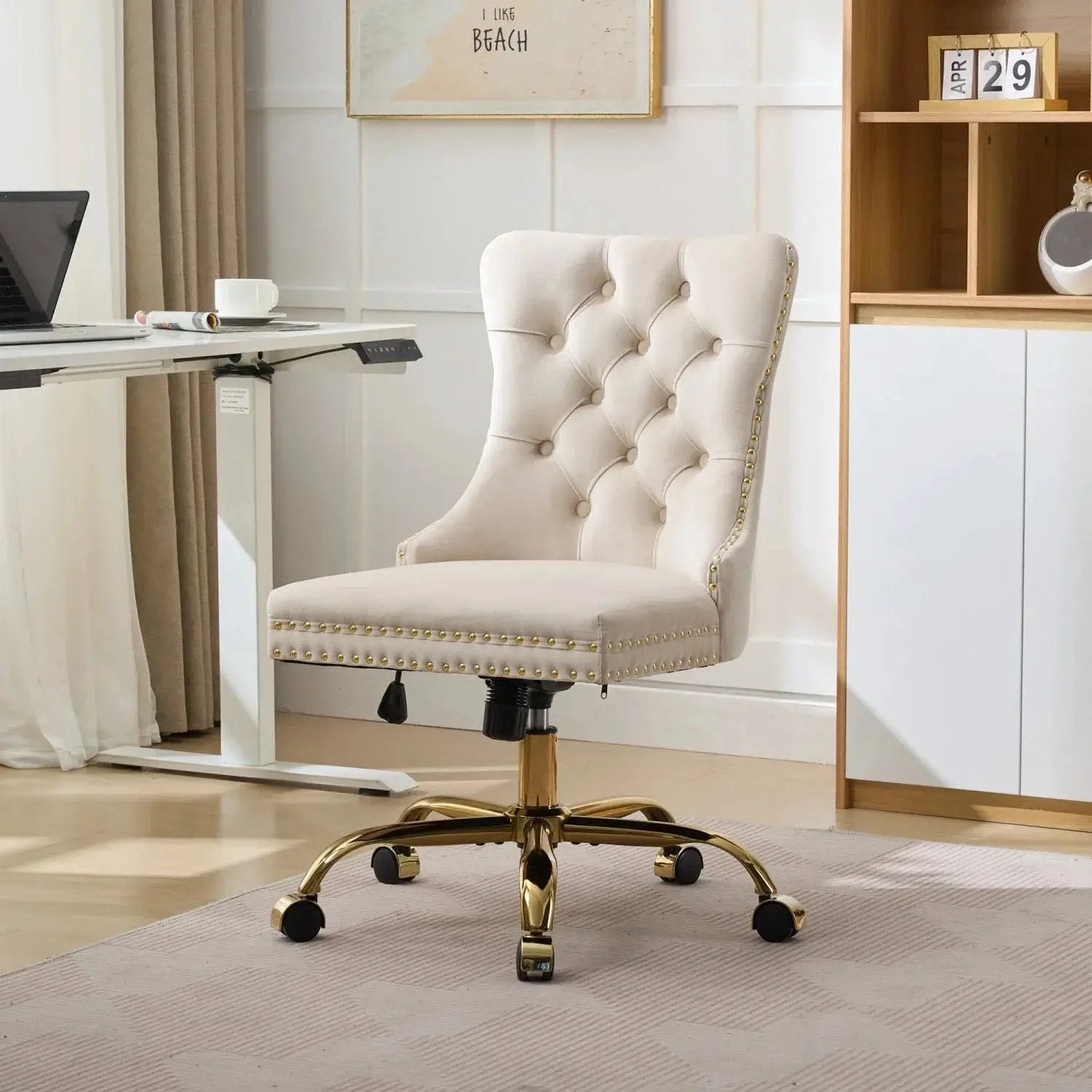 Luxurious velvet office chair with golden base by Doba, featuring plush cushioning and stylish design for all-day home office comfort.