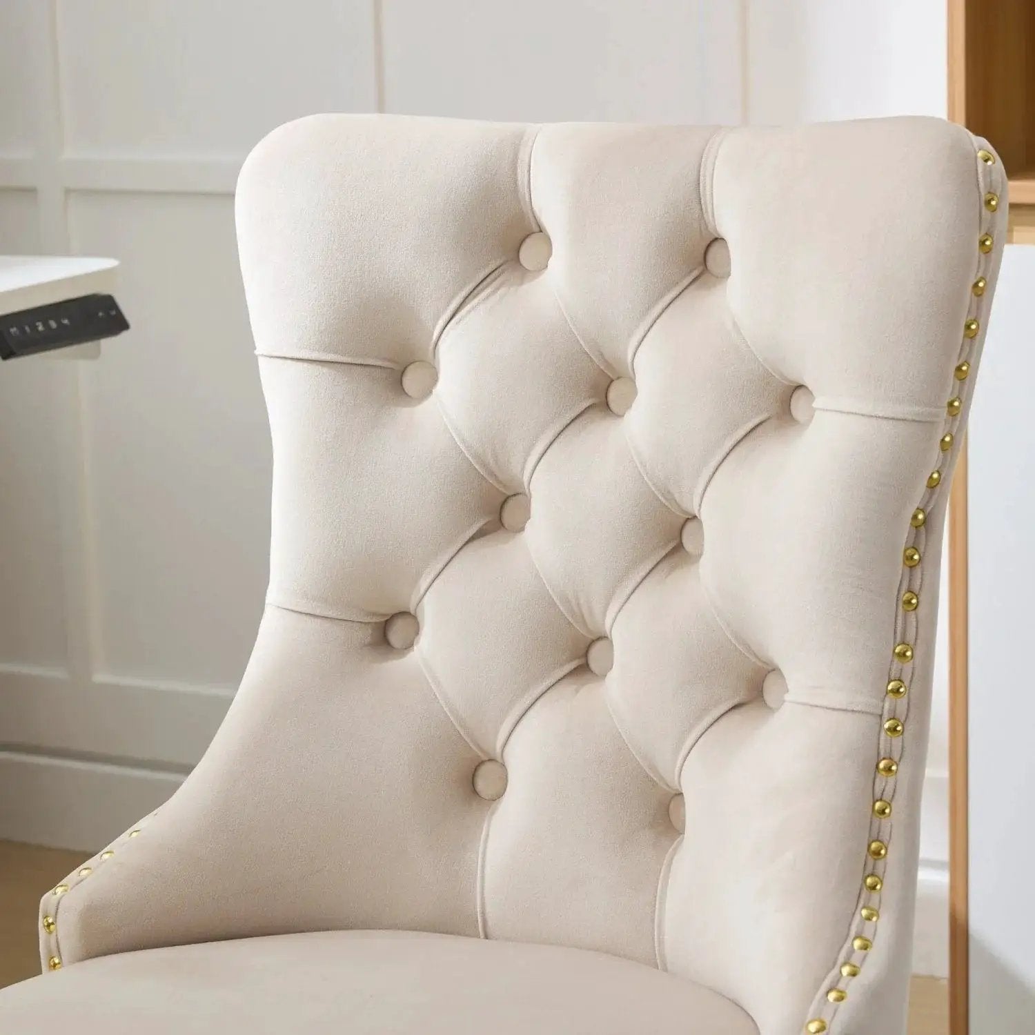 Luxurious velvet office chair with golden base, ergonomic design, ideal for home office use and all-day comfort.