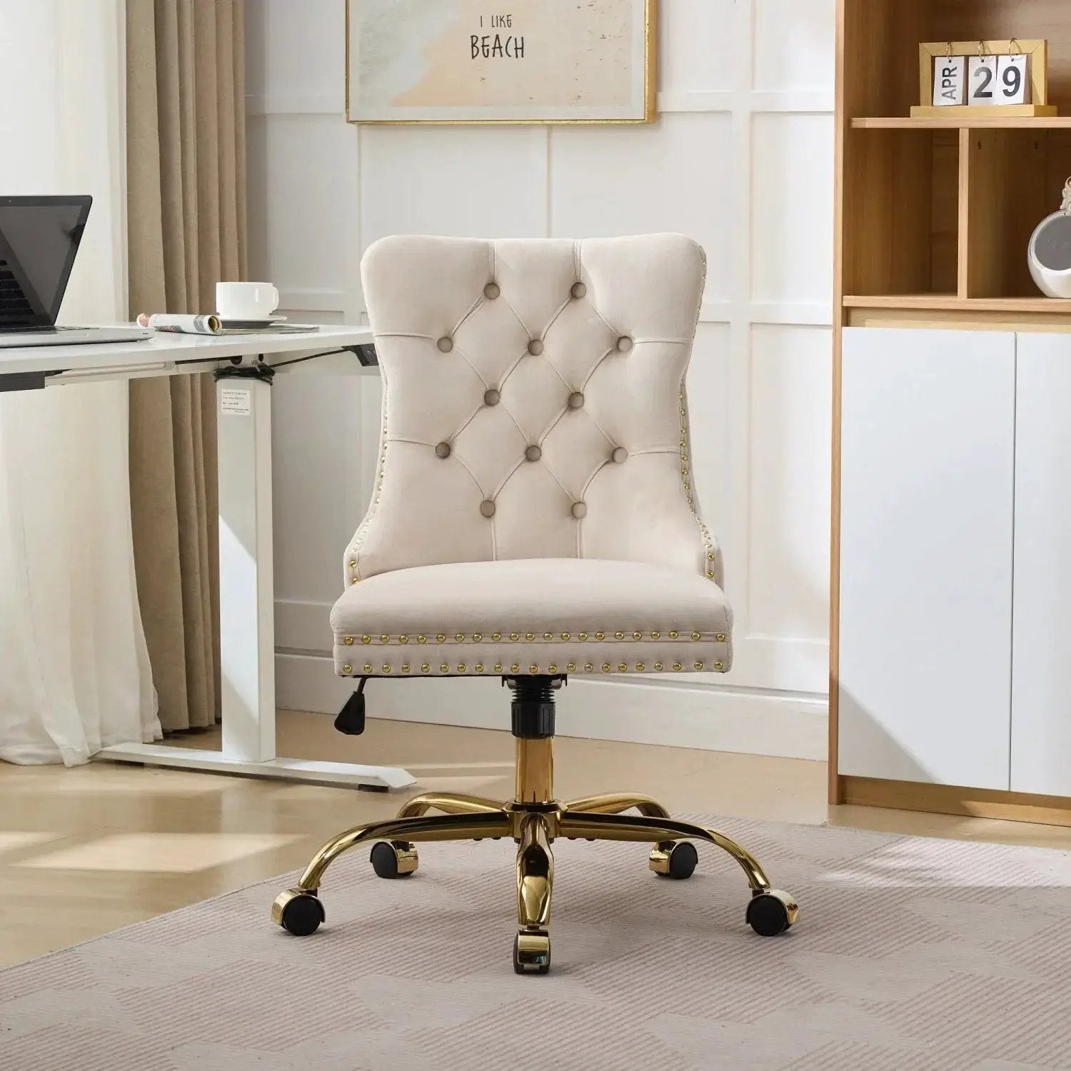 Luxurious velvet office chair with golden base by Doba, designed for comfortable all-day home office use.