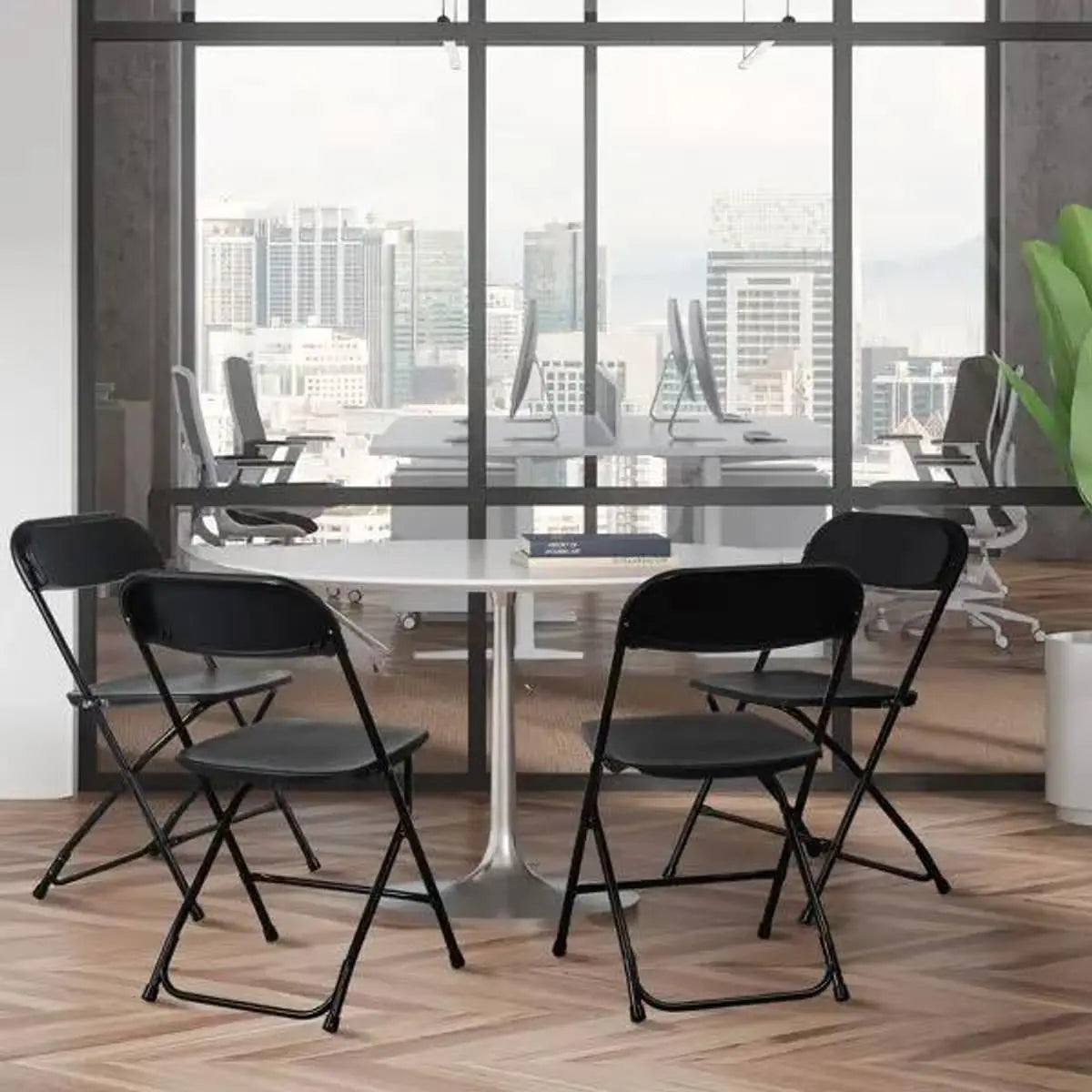 Set of 10 black Doba garden folding chairs, heavy-duty plastic with 350 lb capacity, lightweight and durable for outdoor use.