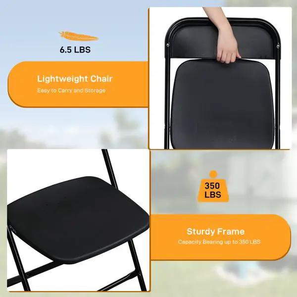 Set of 10 black Doba garden folding chairs made of heavy-duty plastic with 350 lb capacity, suitable for outdoor use.