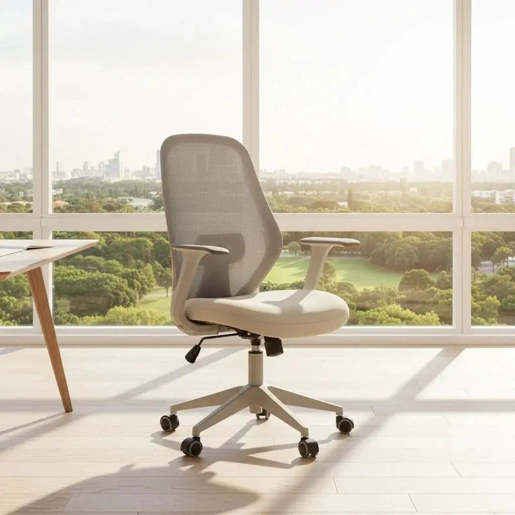 Doba beige ergonomic mesh office chair with adjustable height and breathable back support, designed for comfortable workspace seating.
