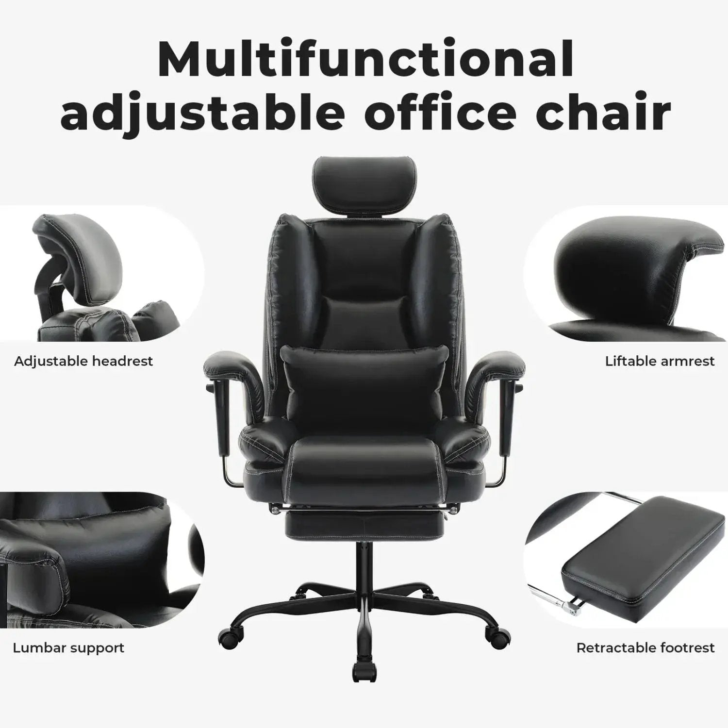 Doba big and tall ergonomic office chair with high back, liftable headrest, retractable footrest, PU leather, and 200kg capacity.