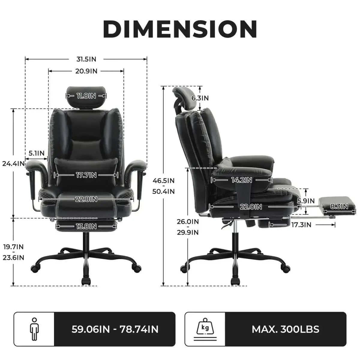 Doba big & tall ergonomic office chair with high back, liftable headrest, retractable footrest, PU leather, 200kg capacity