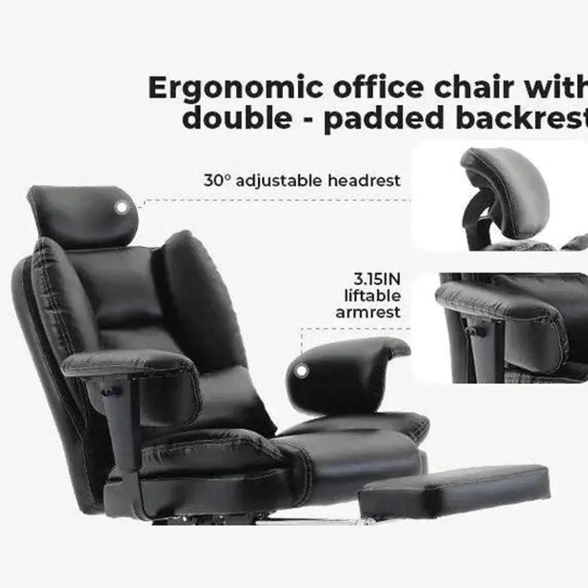 Doba ergonomic big and tall office chair with high back, liftable headrest, retractable footrest, PU leather, 200kg capacity.