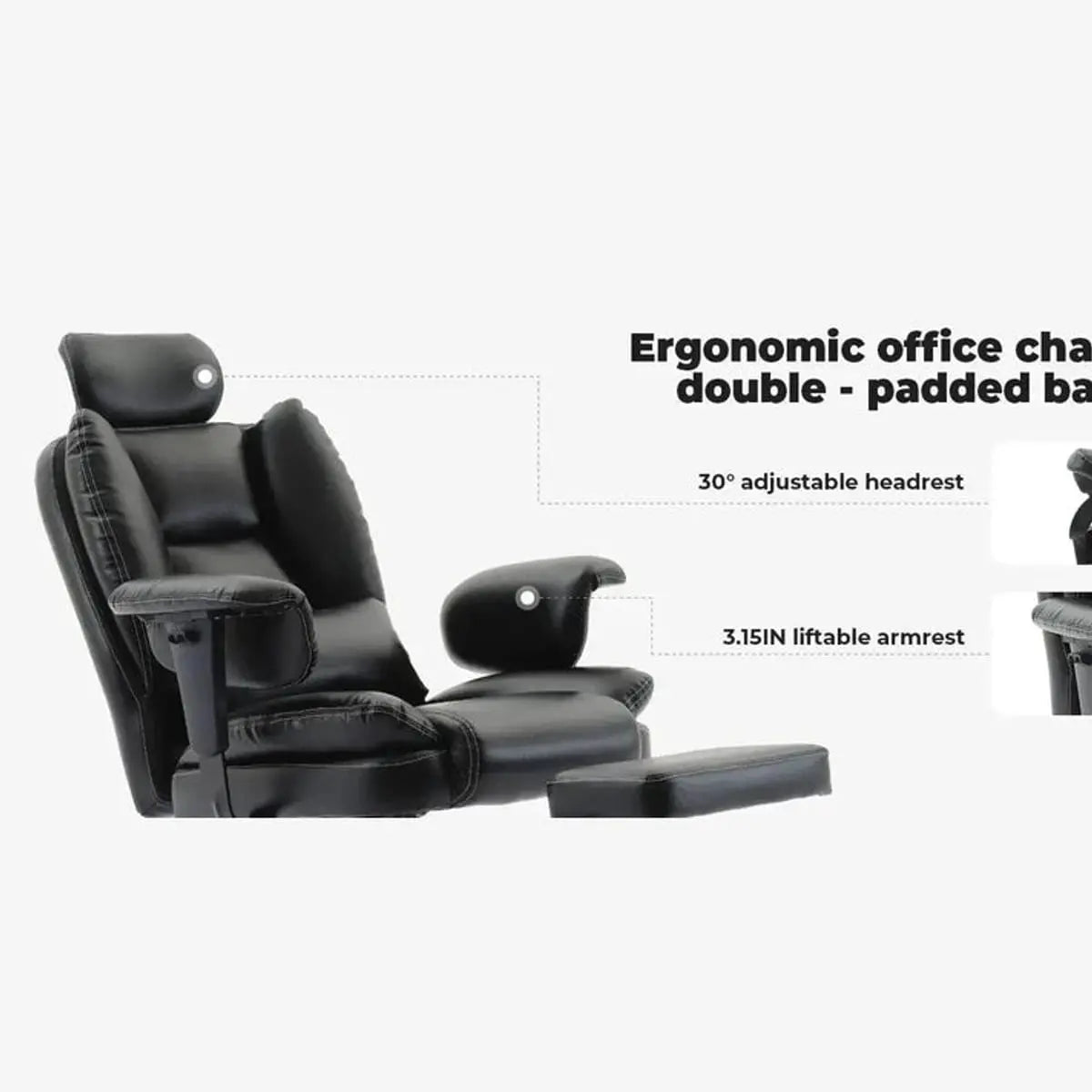 Doba ergonomic high-back office chair with liftable headrest, retractable footrest, PU leather, and 200kg capacity for big and tall users.