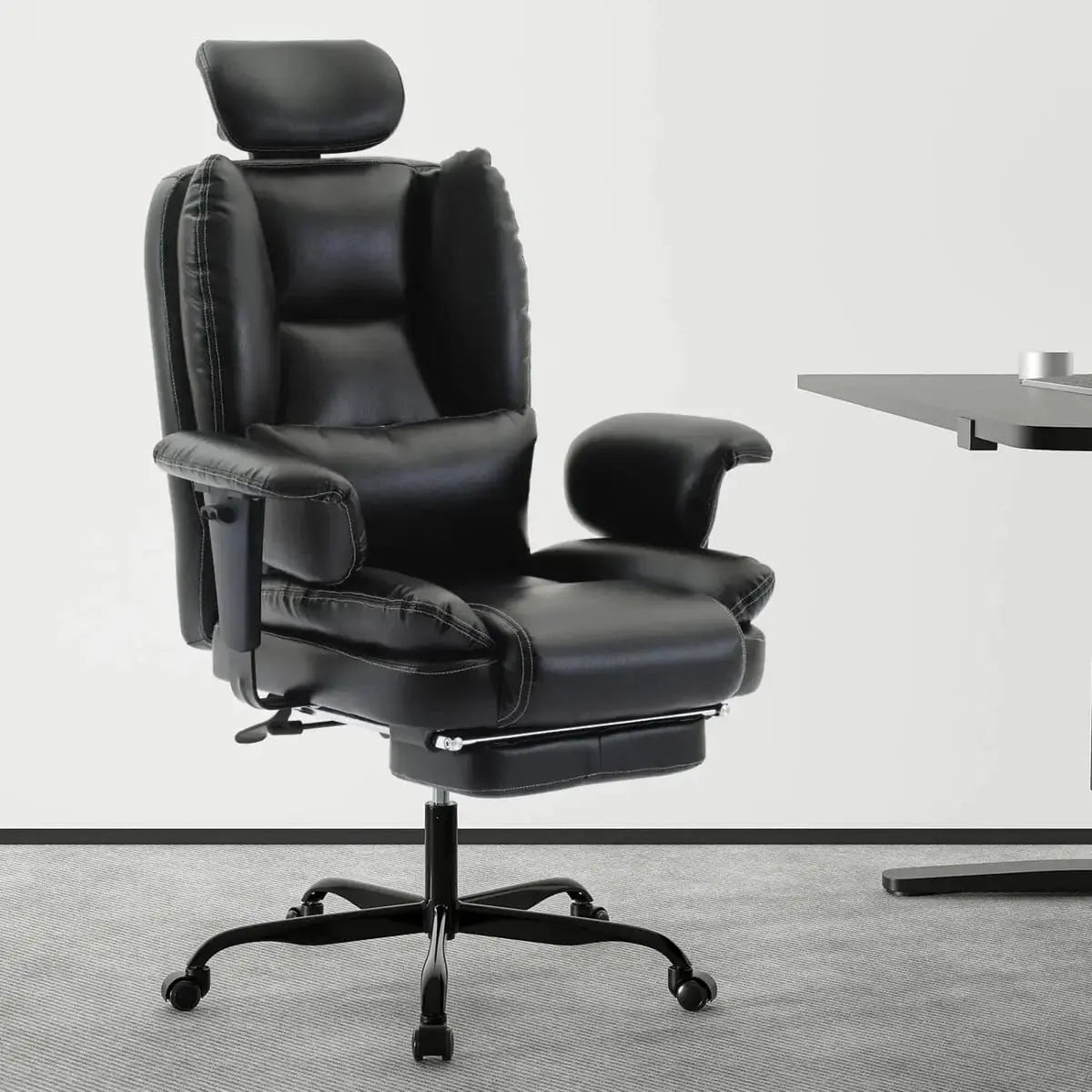 Doba ergonomic high-back office chair with liftable headrest, retractable footrest, PU leather, suitable for big and tall users.