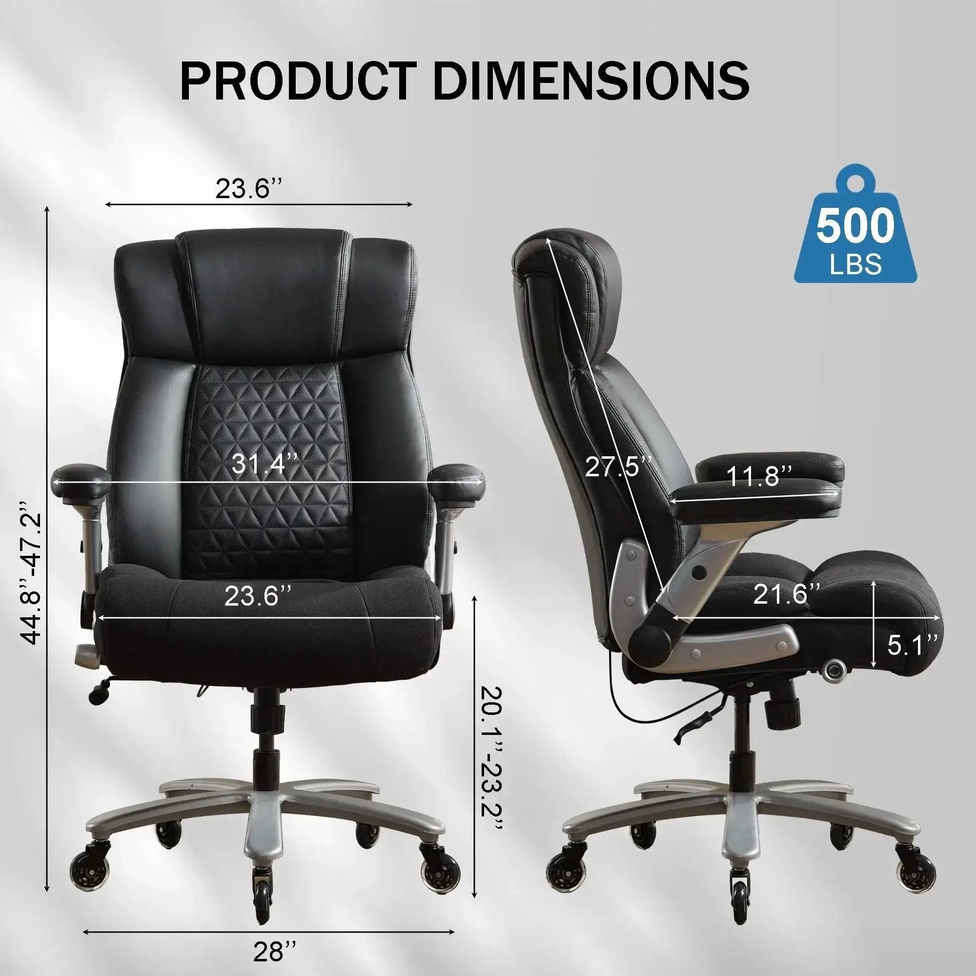Doba black leather big and tall ergonomic office chair with reinforced frame, adjustable armrests, and 500lb capacity.