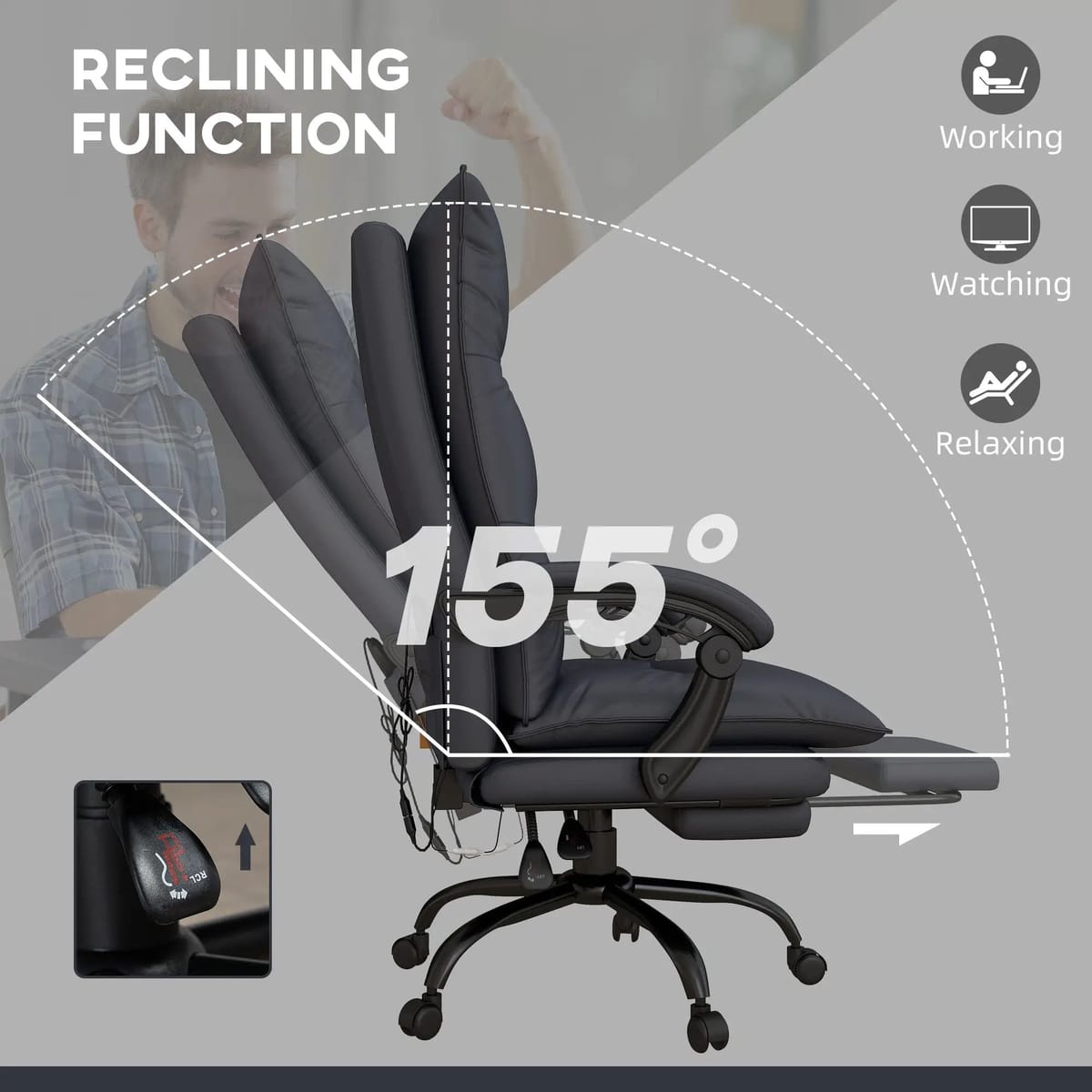 Big & Tall Doba ergonomic office chair with massage, heat, recline, and retractible footrest in black faux leather.