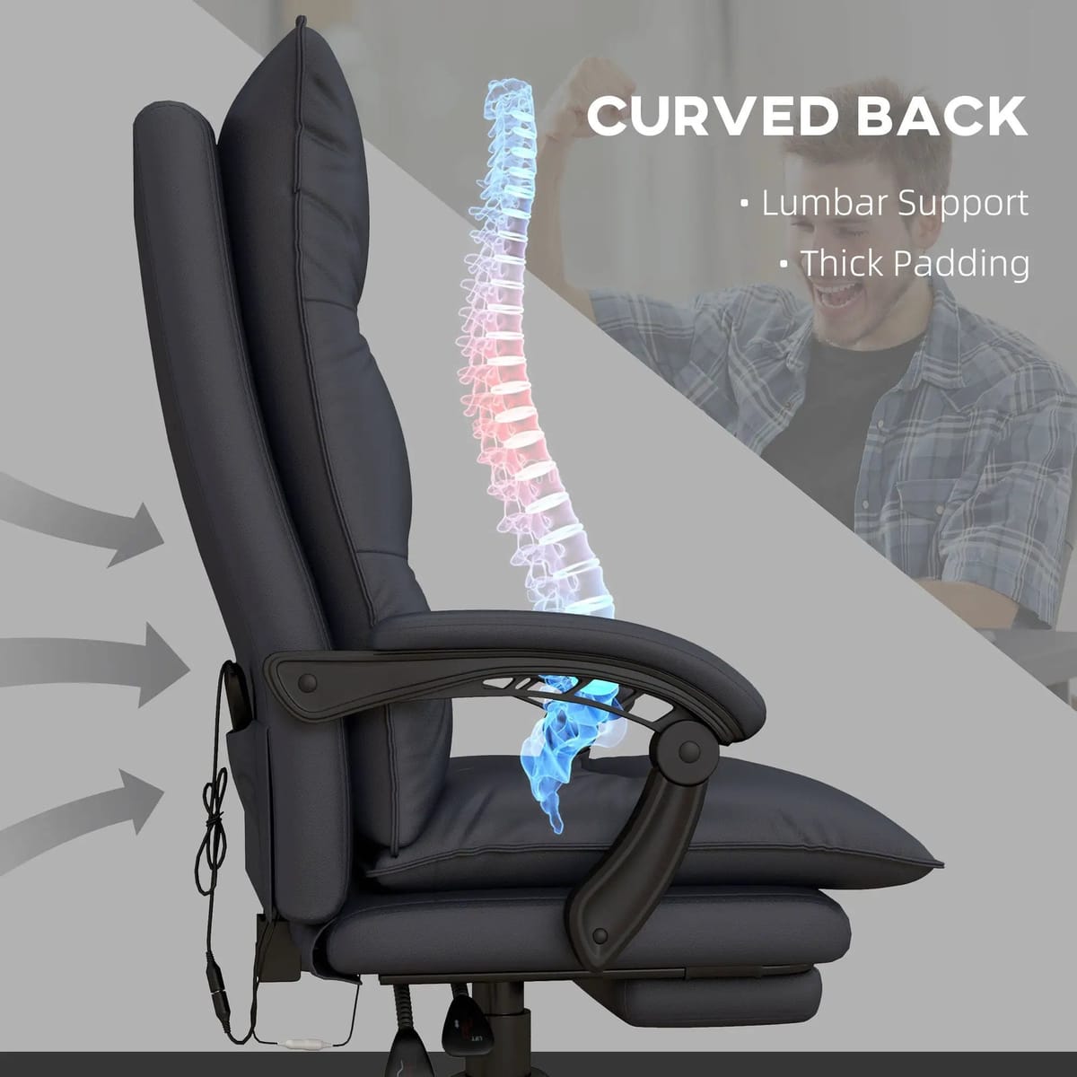 Big & Tall Doba ergonomic office chair with massage, heat, recline, and retractible footrest in black faux leather, designed for comfort.