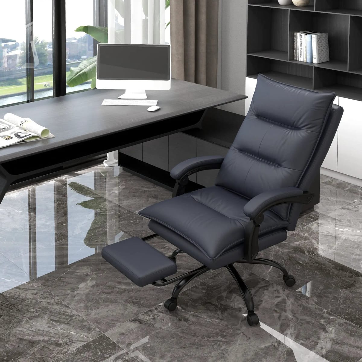Doba Big & Tall ergonomic office chair with black faux leather, massage, heat, recline, and retractible footrest in charcoal gray.