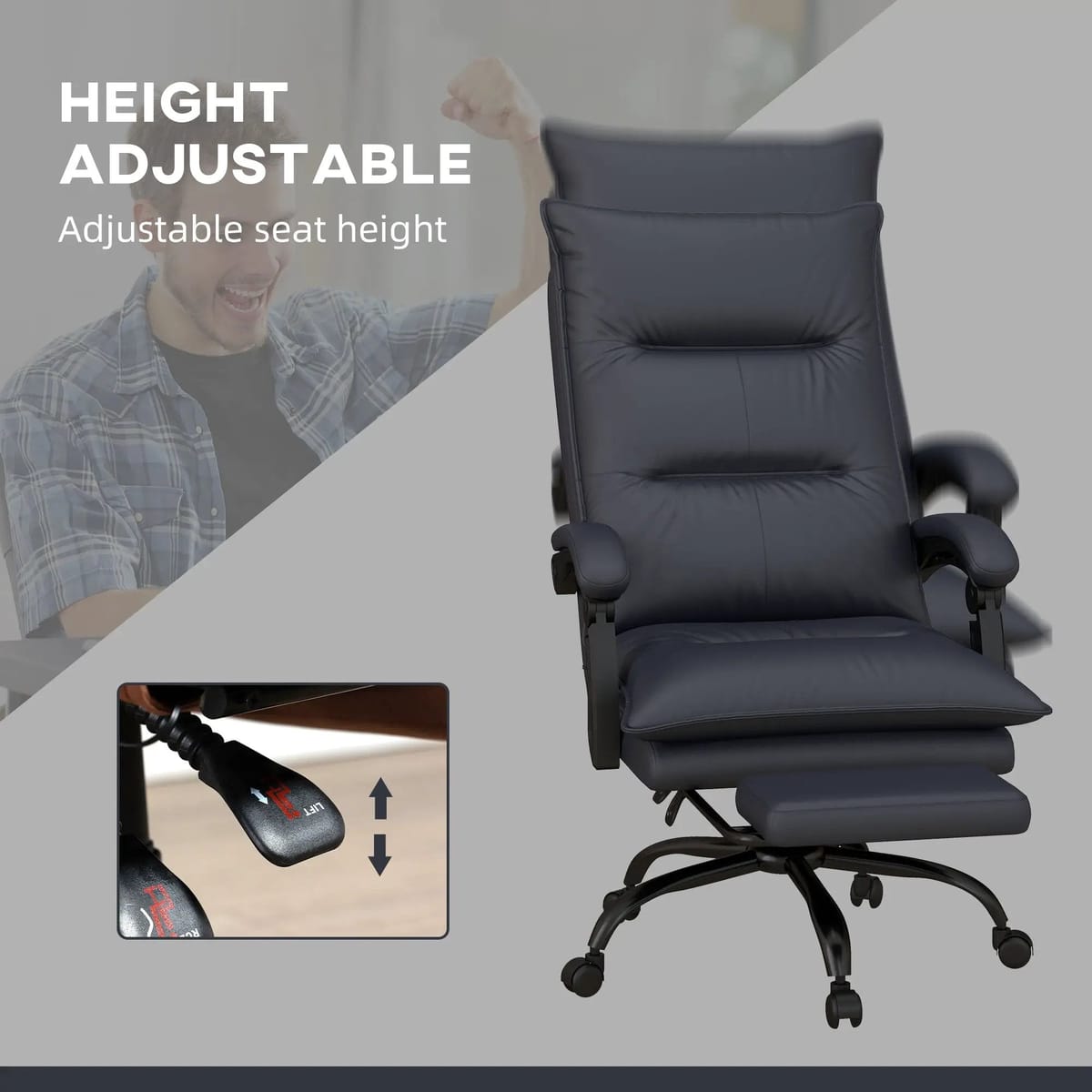 Big & Tall Doba ergonomic office chair with massage, heat, recline, and retractible footrest in black faux leather, ideal for executive use.