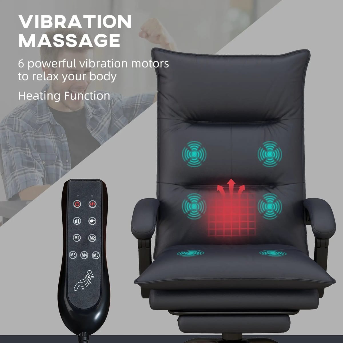 Big & Tall Doba ergonomic office chair with massage, heat, recline, retractable footrest, black faux leather, charcoal gray upholstery.